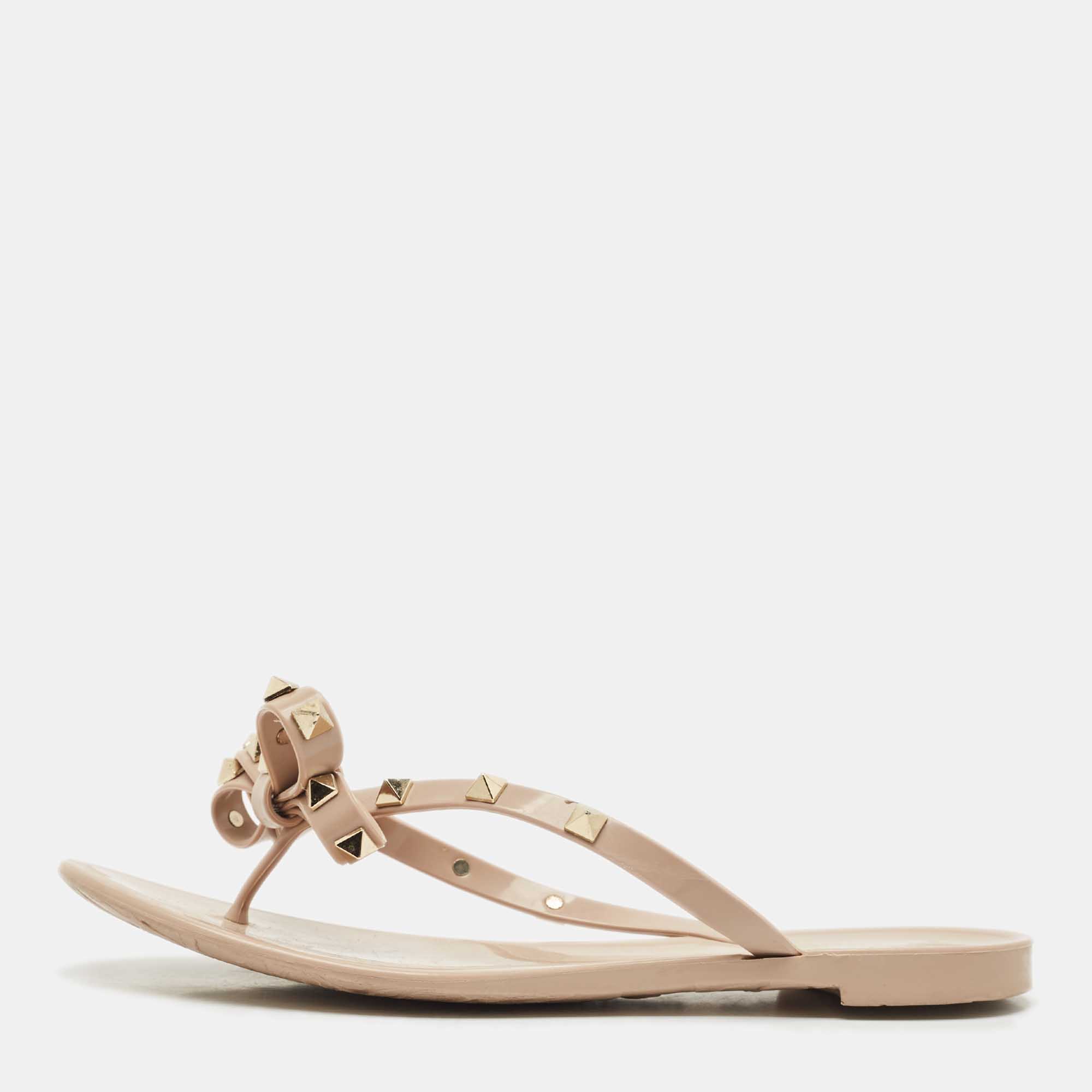 

Valentino Beige Jelly Bow Rockstud Thong Flats Size
