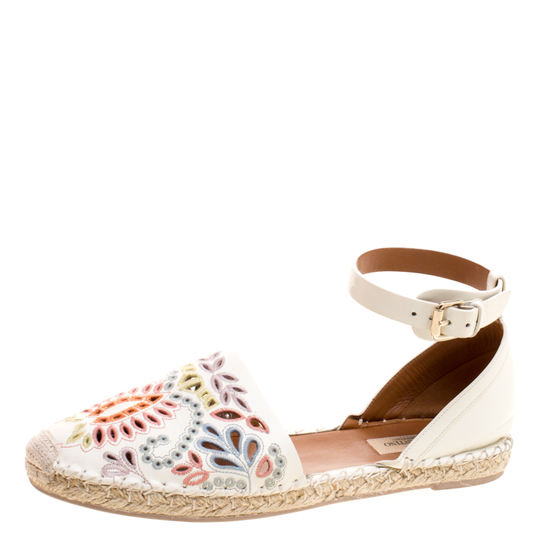Valentino Cream Embroidered Leather A Jour Ankle Strap Espadrilles Size 40