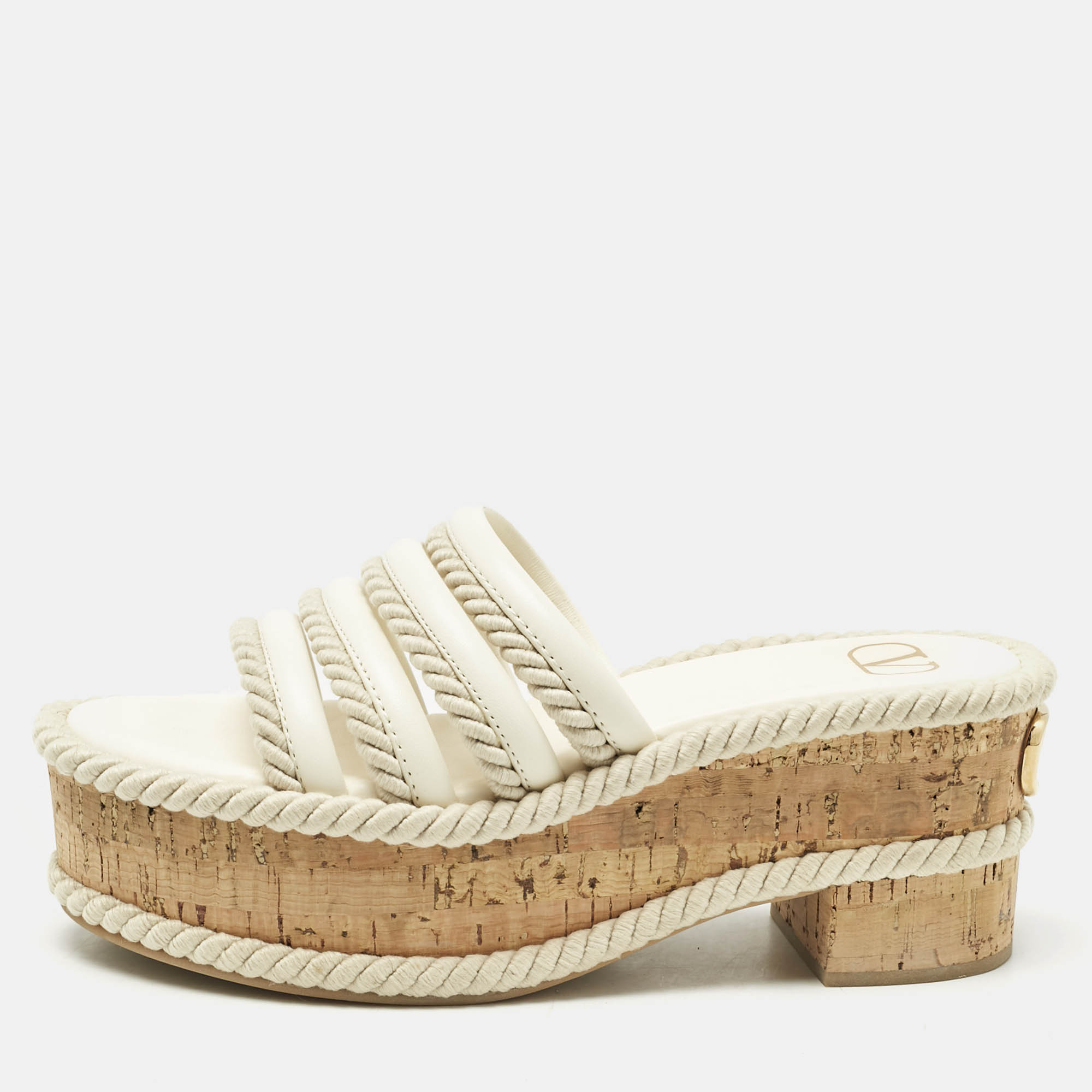 Pre-owned Valentino Garavani Ivory Leather Summerblocks Platform Mules Size 38 In White