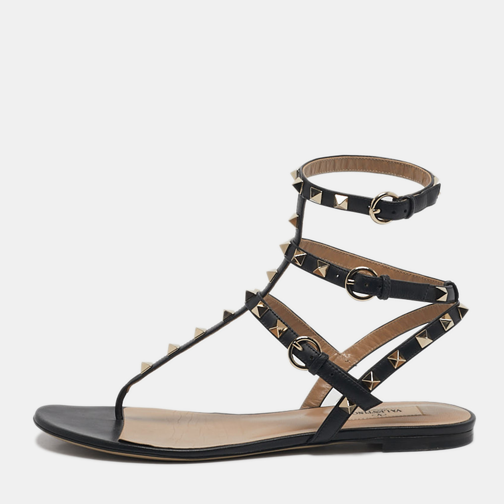 

Valentino Black Leather Rockstud Cage Flat Sandals Size