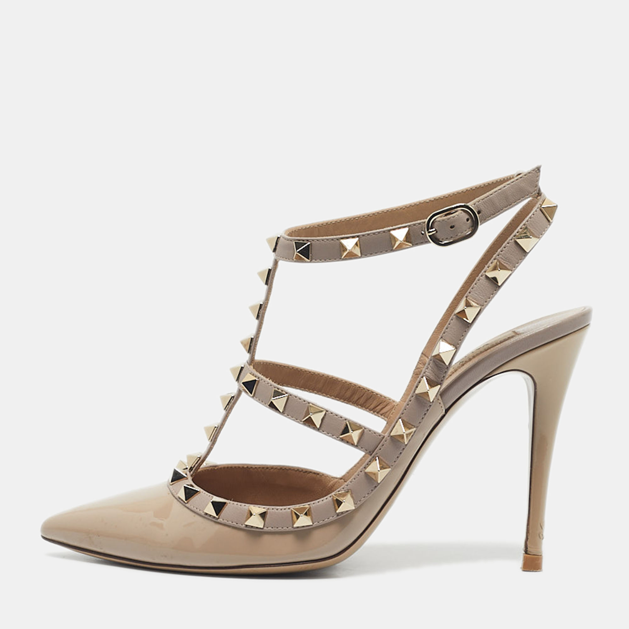

Valentino Beige Patent and Leather Rockstud Ankle Strap Sandals Size