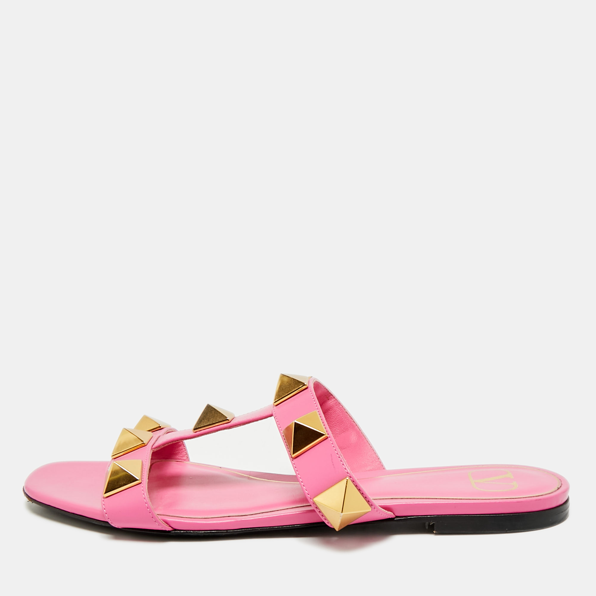 

Valentino Pink Leather Roman Stud Flat Slides Size