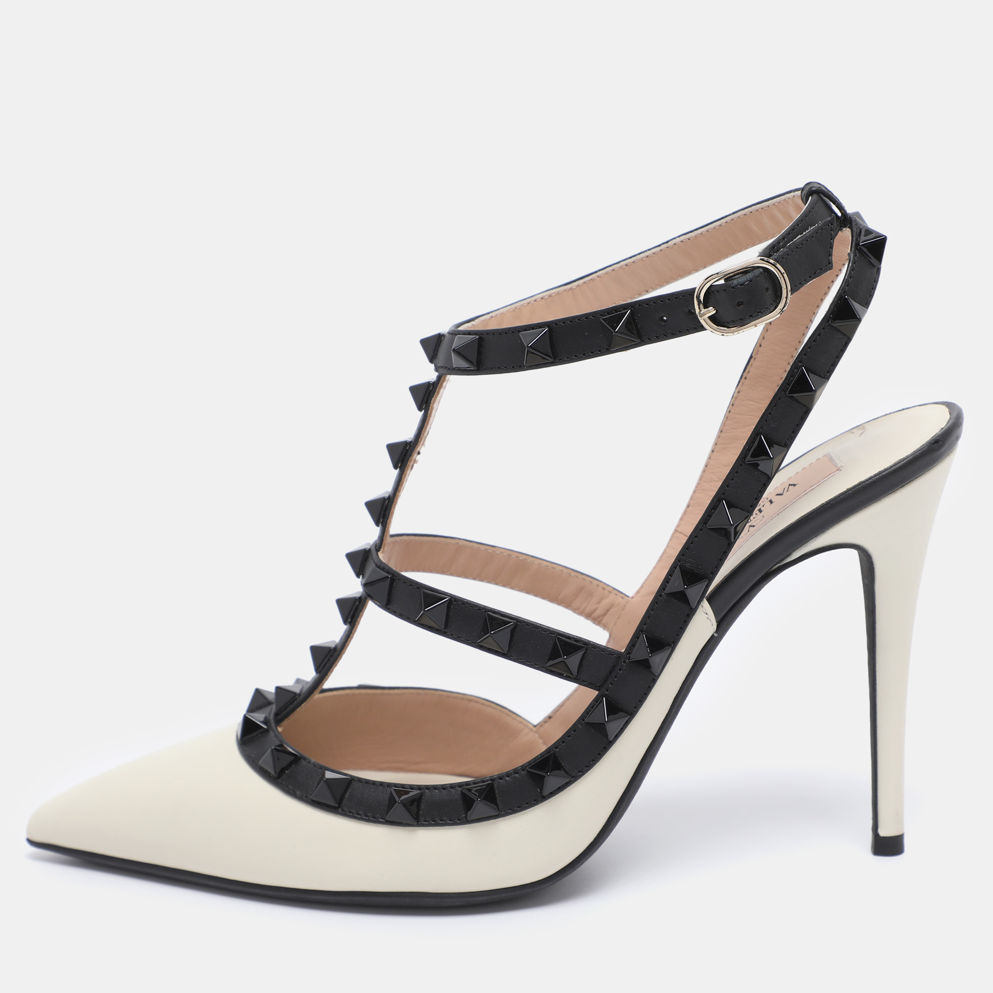 

Valentino Off White/Black Leather Rockstud Ankle Strap Pumps Size