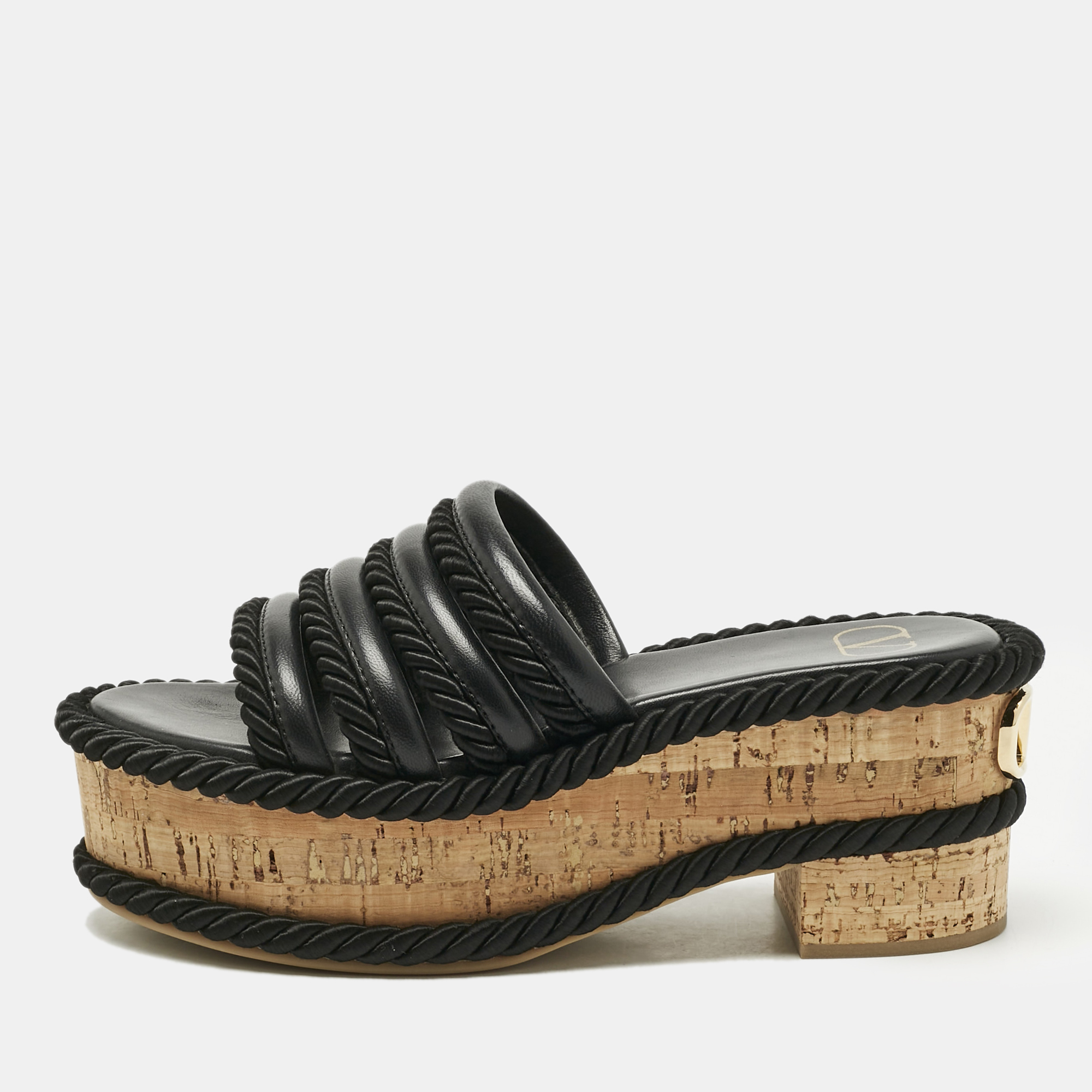 

Valentino Black Leather VLogo Cork Platform Sandals Size