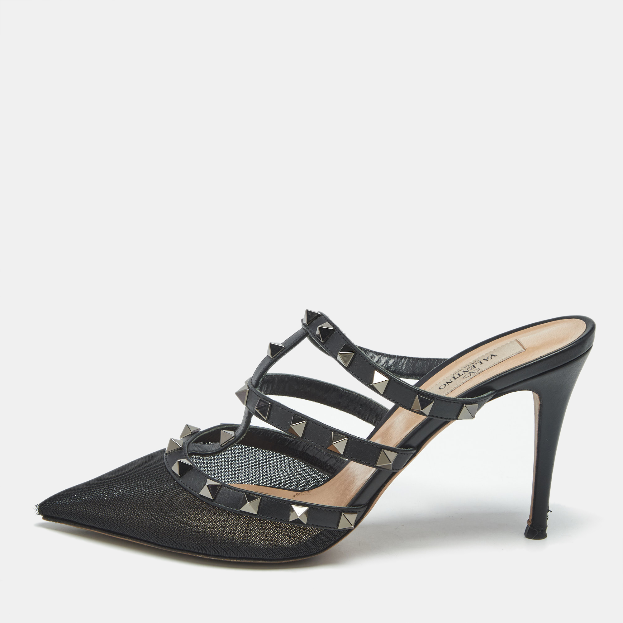 Pre-owned Valentino Garavani Black Leather And Mesh Rockstud Heel Mules Size 39