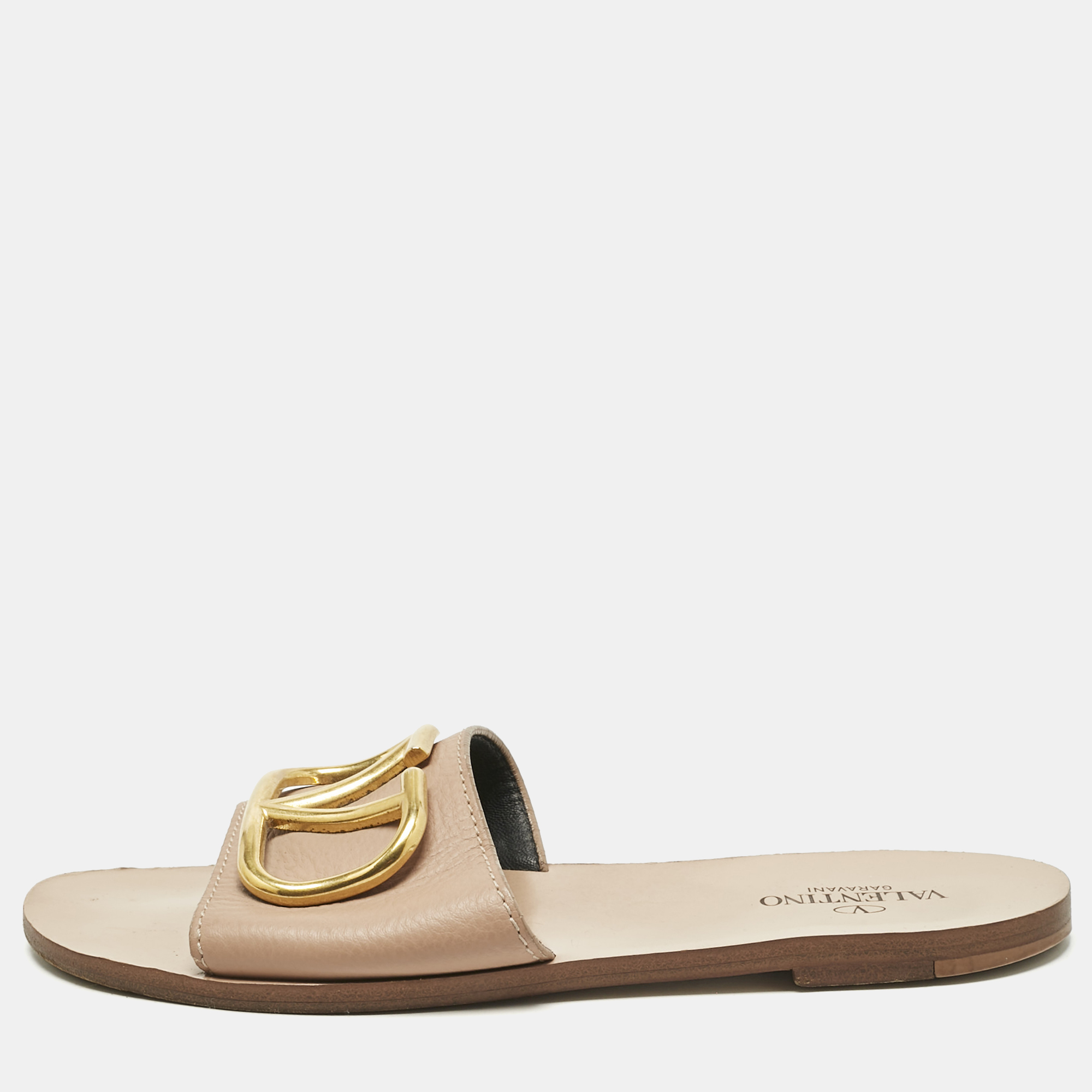 Pre-owned Valentino Garavani Beige Leather Vlogo Signature Flat Slide Sandals Size 37
