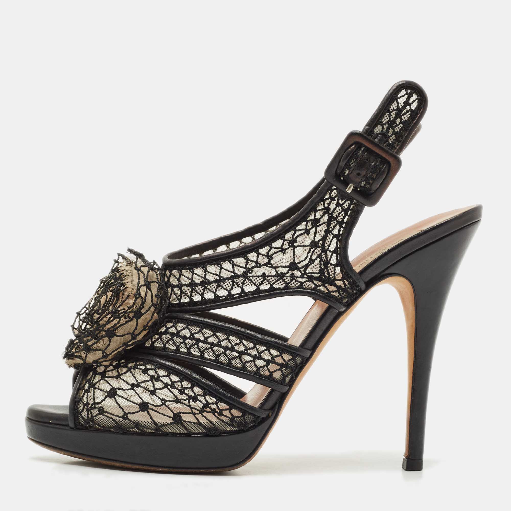 Valentino Black Leather and Lace Flower Embellished Platform Slingback Sandals Size 40