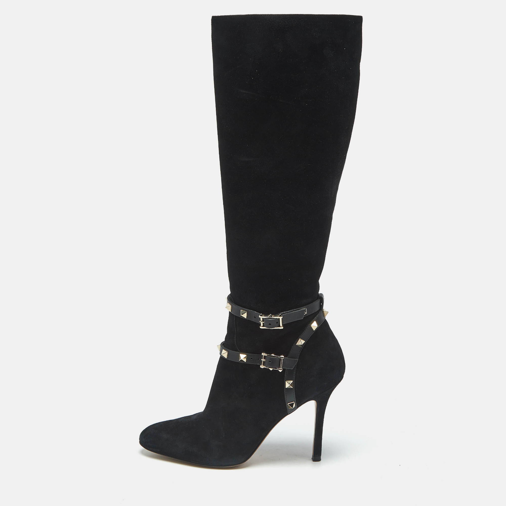 Valentino Black Suede and Leather Rockstud Knee Length Boots Size 37.5