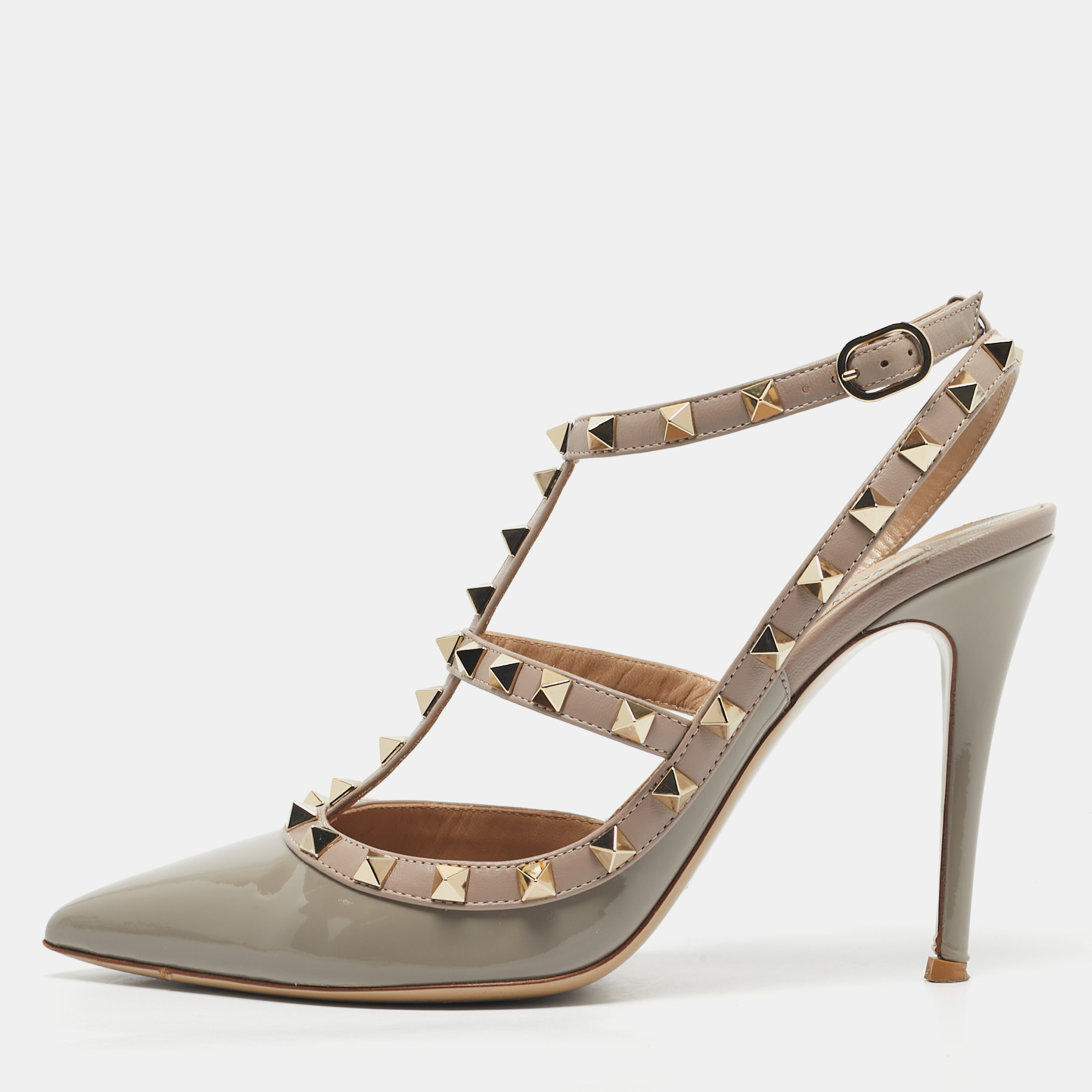 Pre-owned Valentino Garavani Grey/beige Patent And Leather Rockstud Ankle Strap Pumps Size 39 In Gray