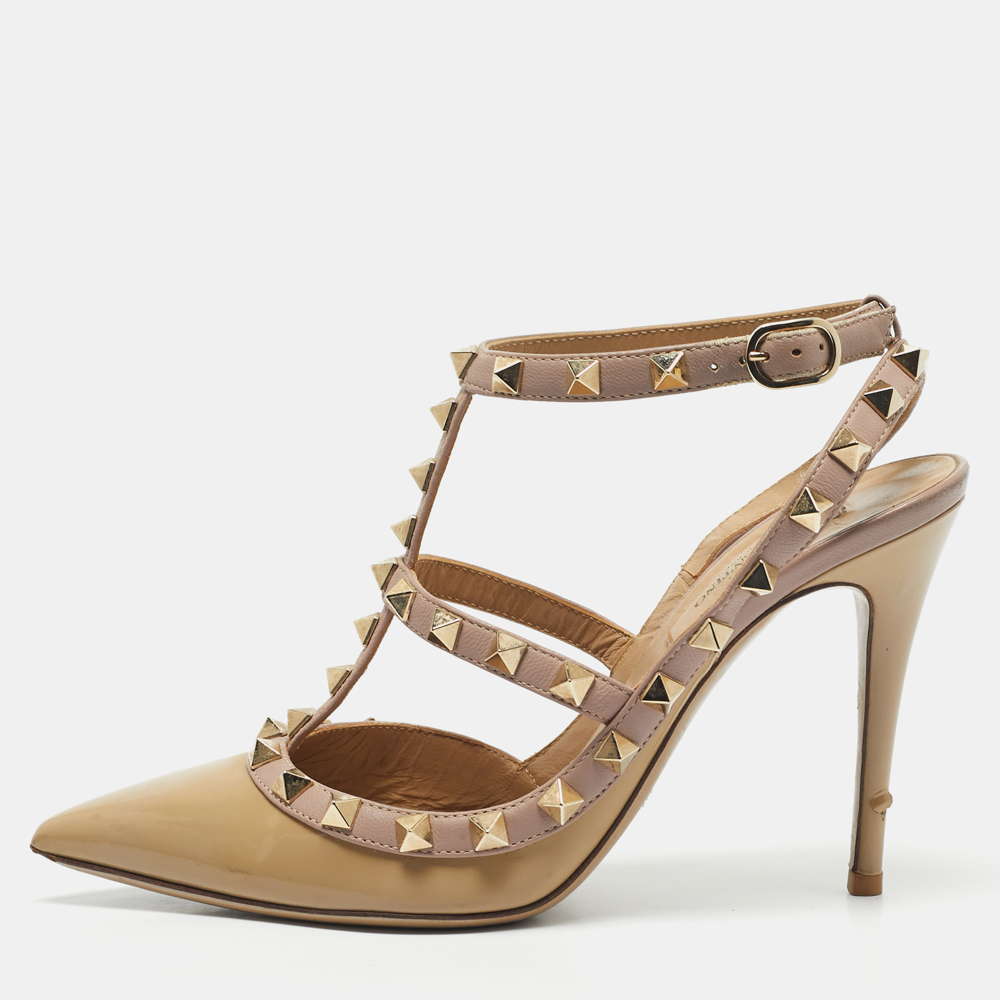 

Valentino Beige Patent Leather Rockstud Ankle Strap Pumps Size