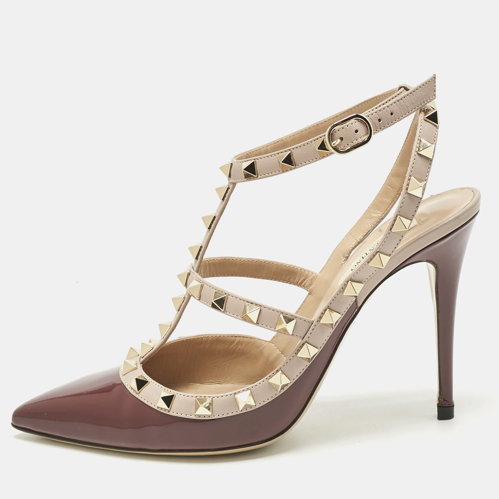 

Valentino Burgundy/Beige Patent Leather Rockstud Ankle Strap Pumps Size