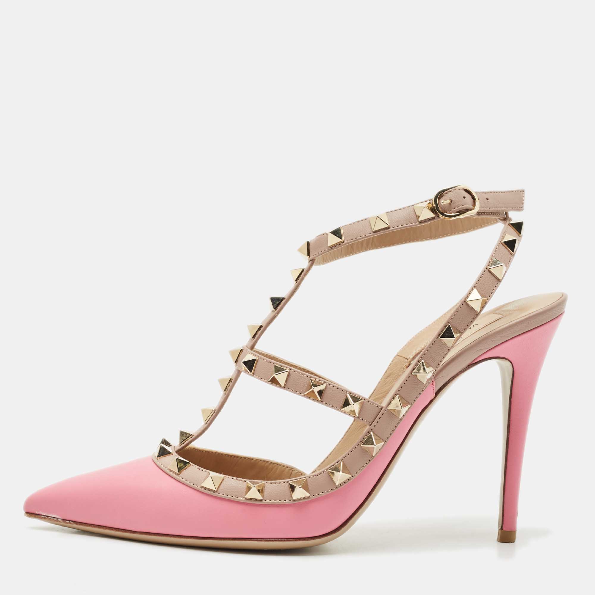 

Valentino Pink/Beige Leather Rockstud Caged Pumps Size