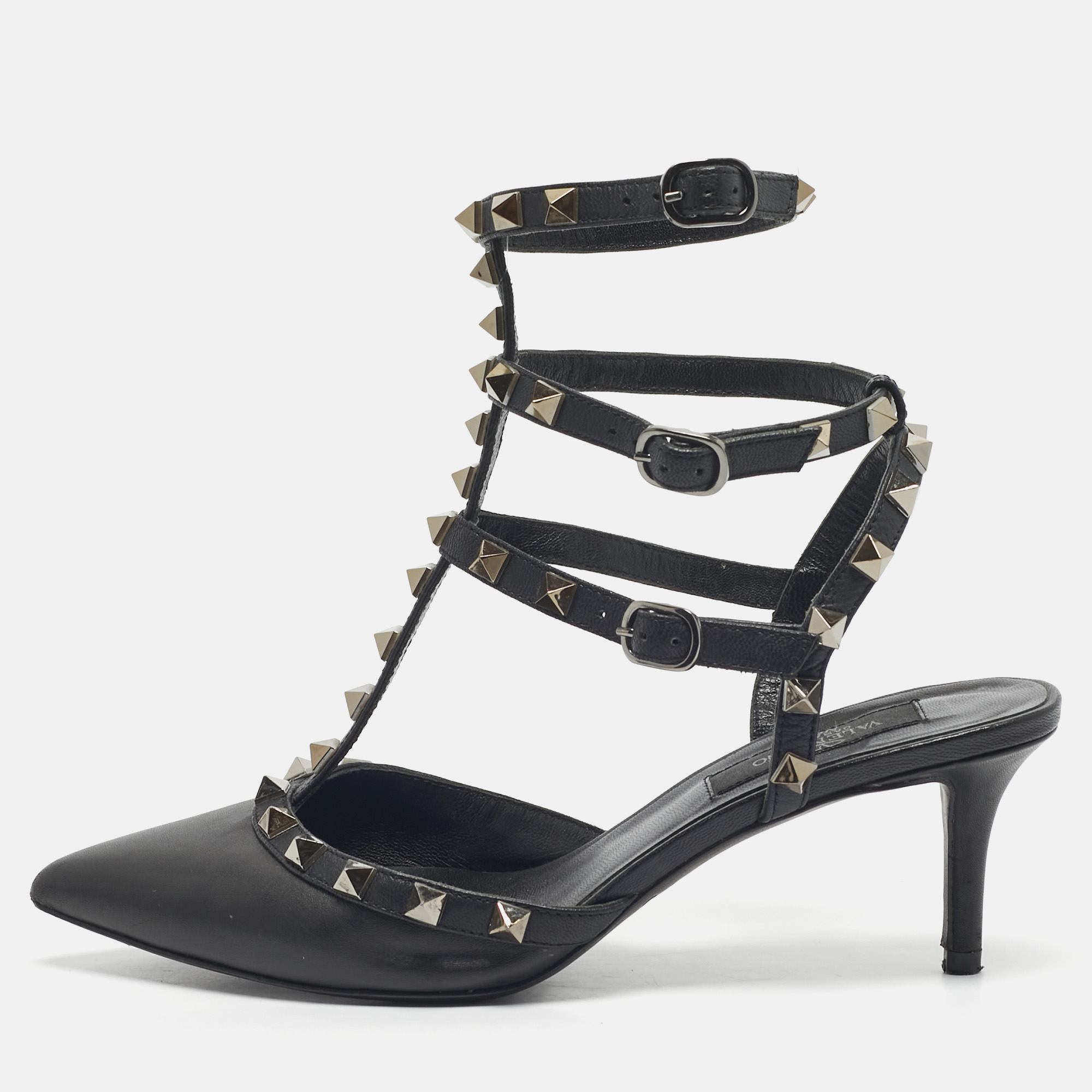 Pre-owned Valentino Garavani Black Leather Rockstud Caged Ankle Strap Pumps Size 37