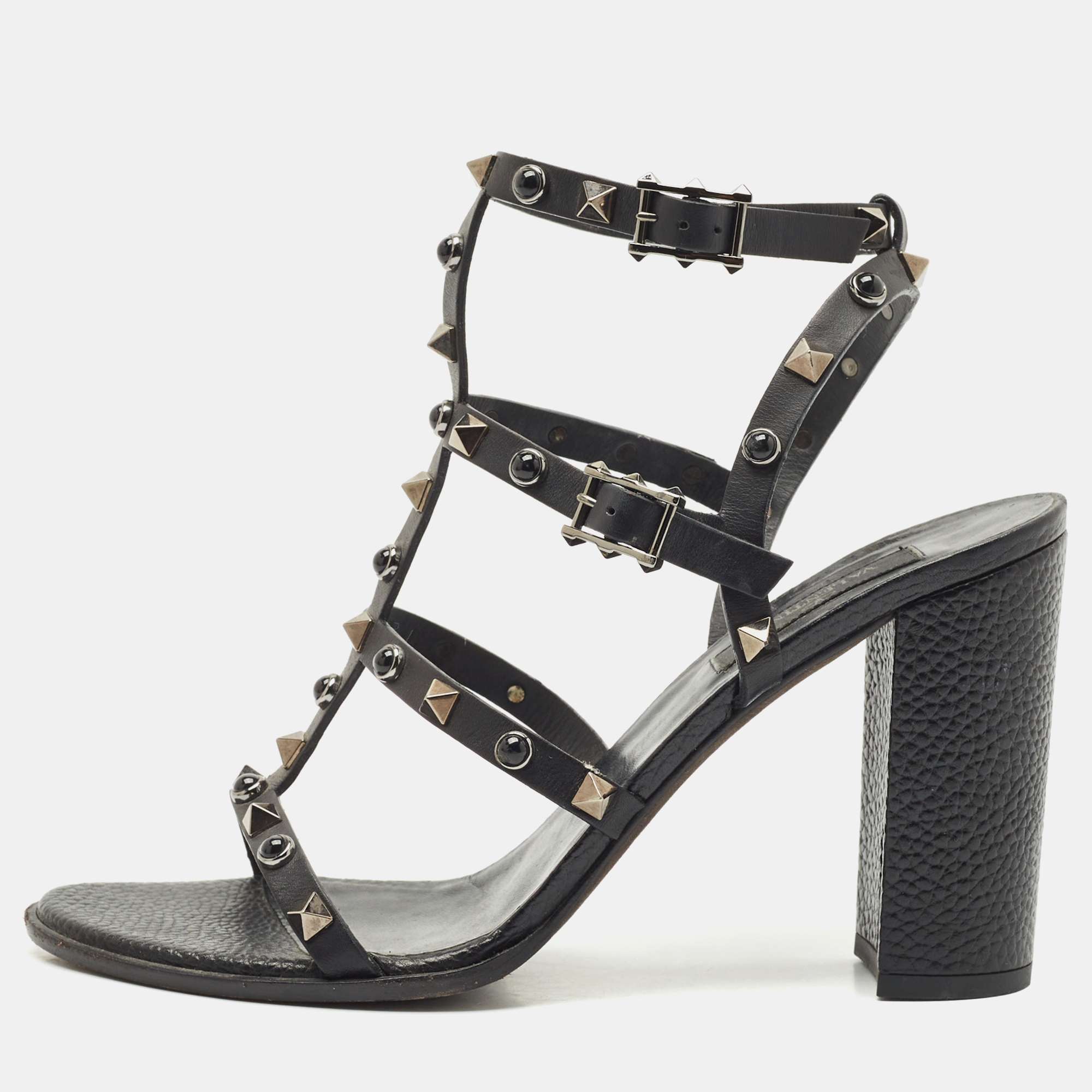 Valentino Black Leather Rockstud Block Heel Strappy Sandals Size 39.5