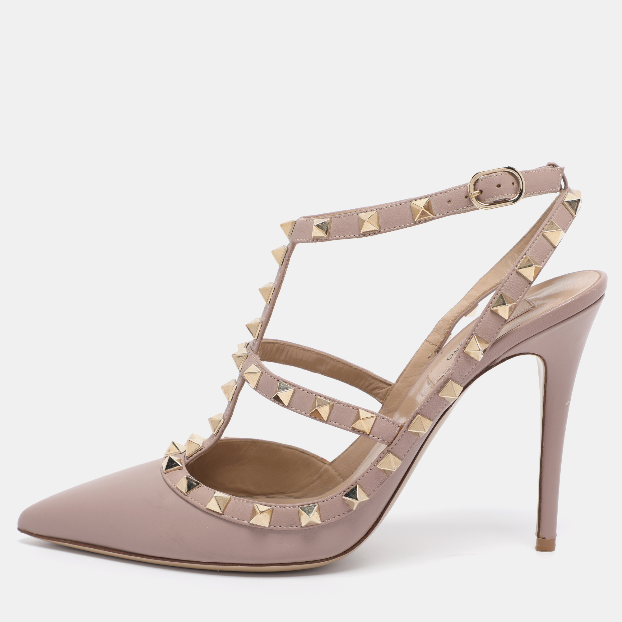 

Valentino Dark Beige Leather Rockstud Ankle Strap Pumps Size