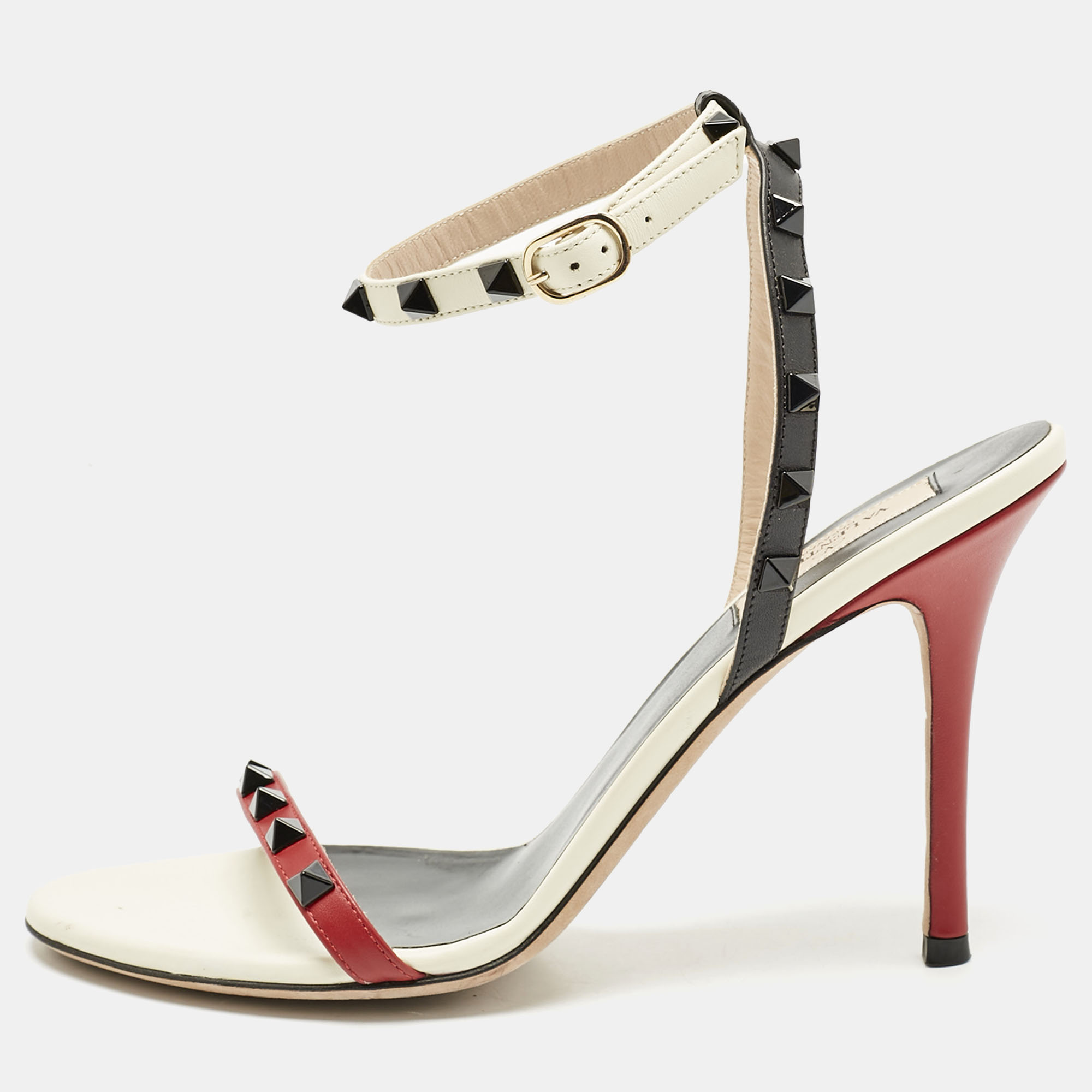 Pre-owned Valentino Garavani Tricolor Leather Rockstud Ankle Strap Sandals Size 40 In Multi