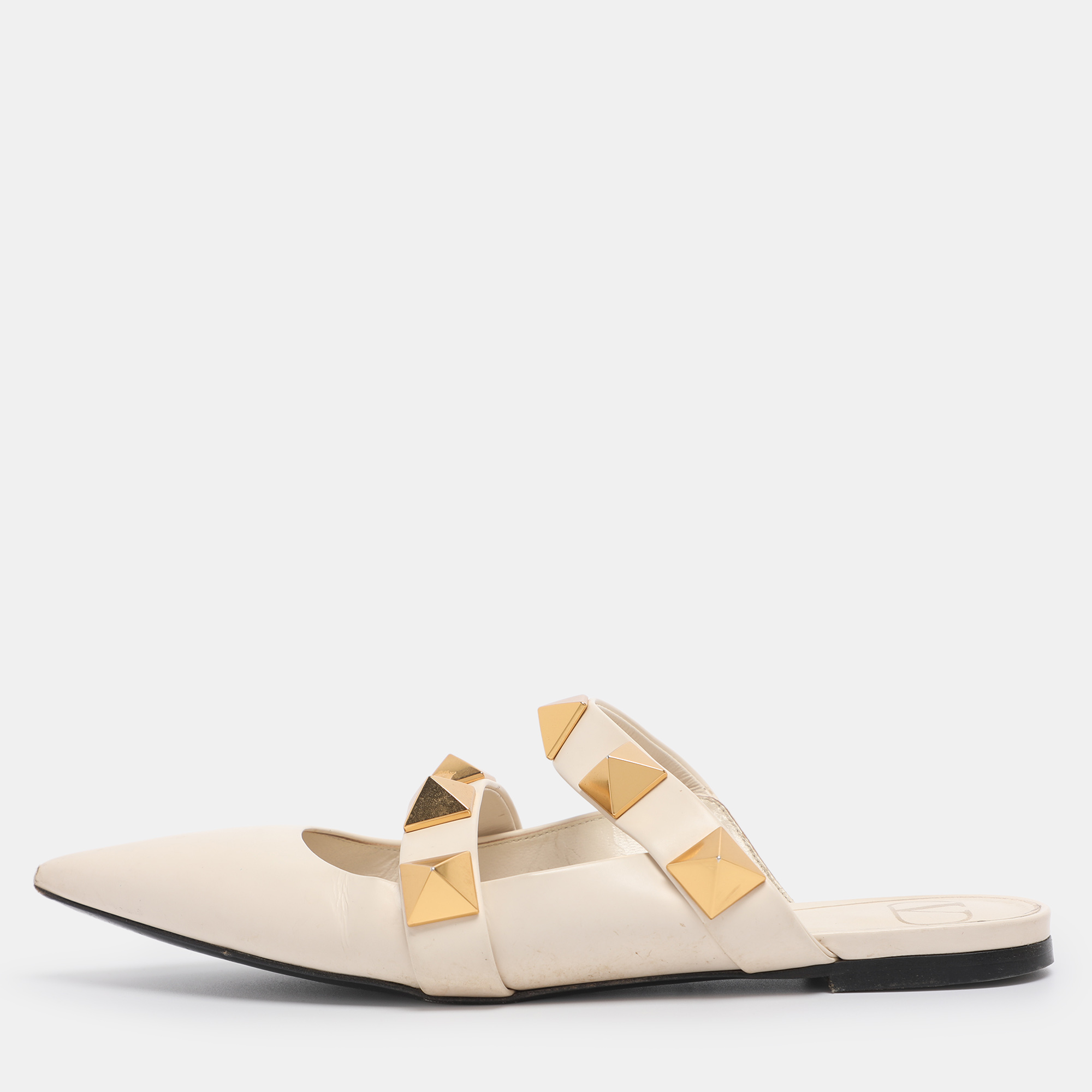 

Valentino Cream Leather Roman Stud Flat Mules Size 38