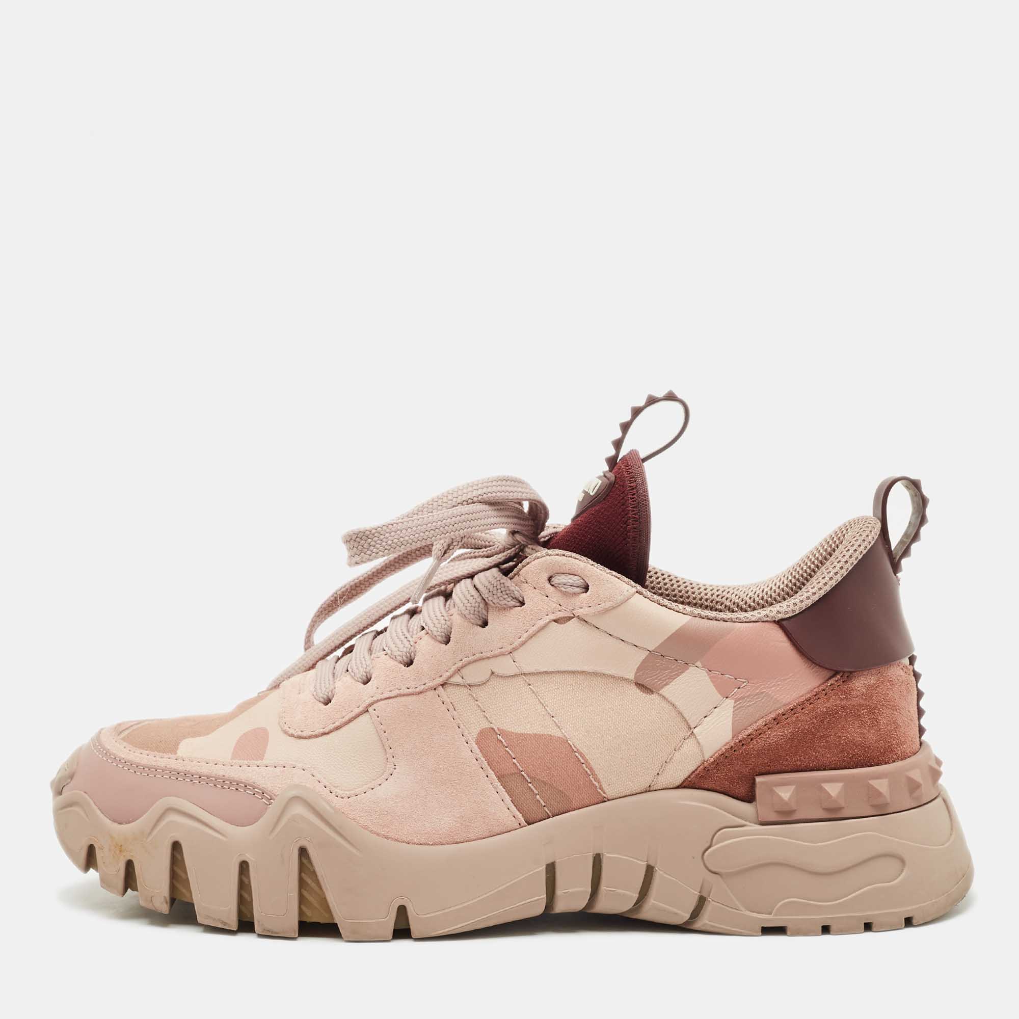 Pre-owned Valentino Garavani Two Tone Camo Print Canvas And Leather Rockrunner Sneakers Size 38 In Pink