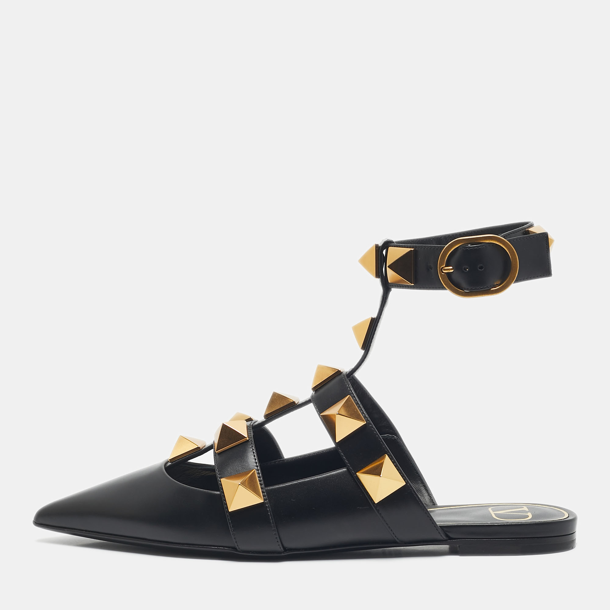 

Valentino Black Leather Roman Stud Ankle Strap Flats Size