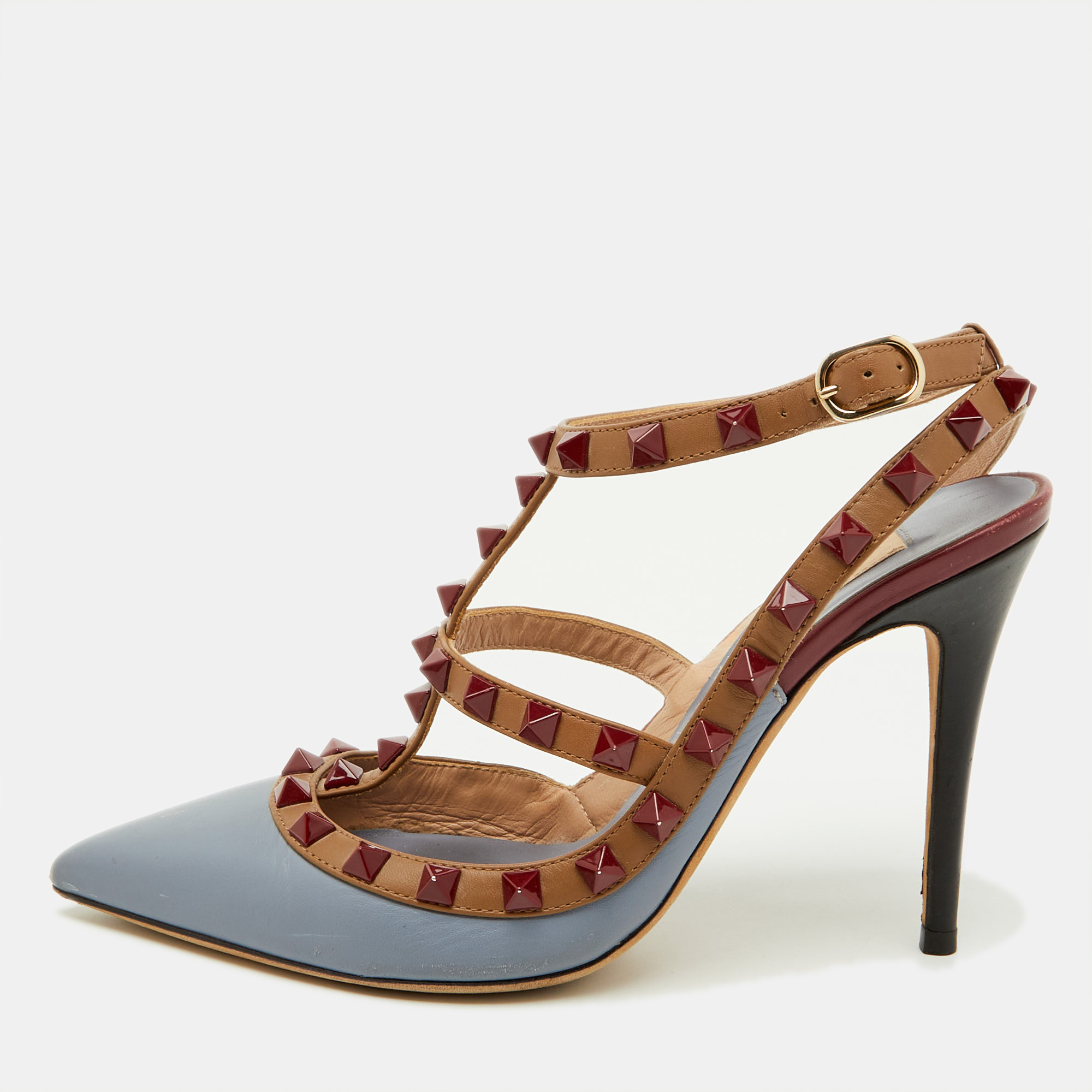 

Valentino Blue/Brown Leather Rockstud Caged Ankle Strap Pumps Size
