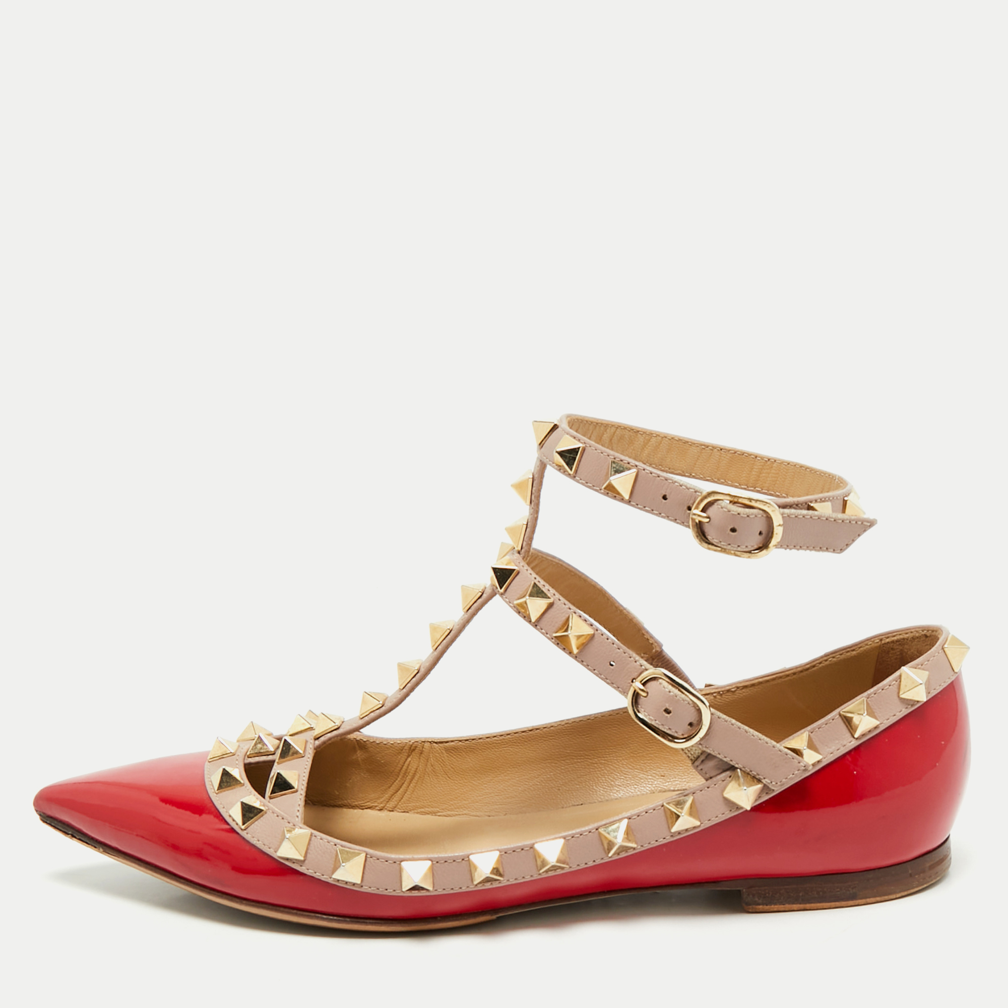 Pre-owned Valentino Garavani Red/beige Patent Leather Rockstud Cage Ballet Flats Size 35.5