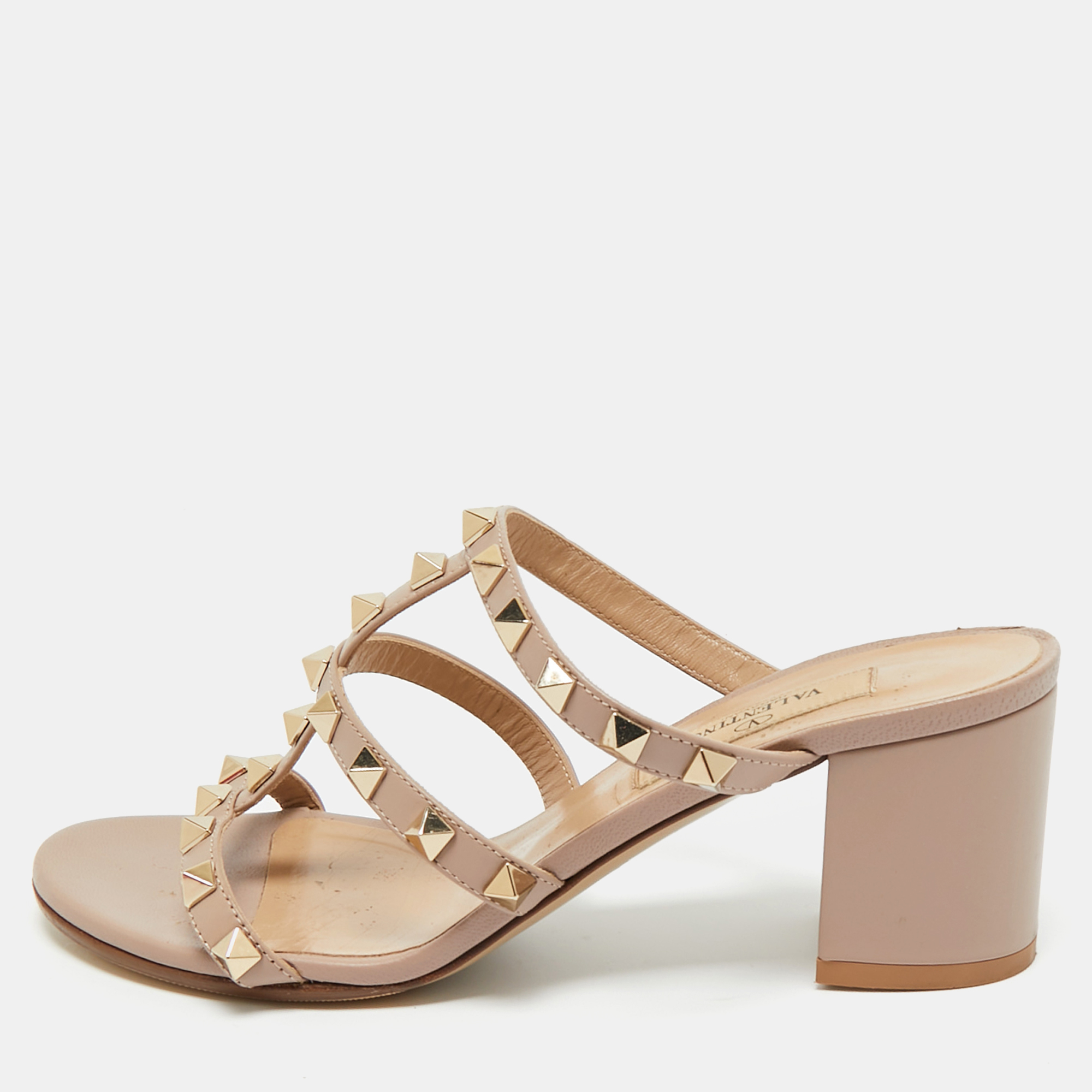 Valentino Beige Leather Rockstud Ankle Strap Sandals Size 35.5