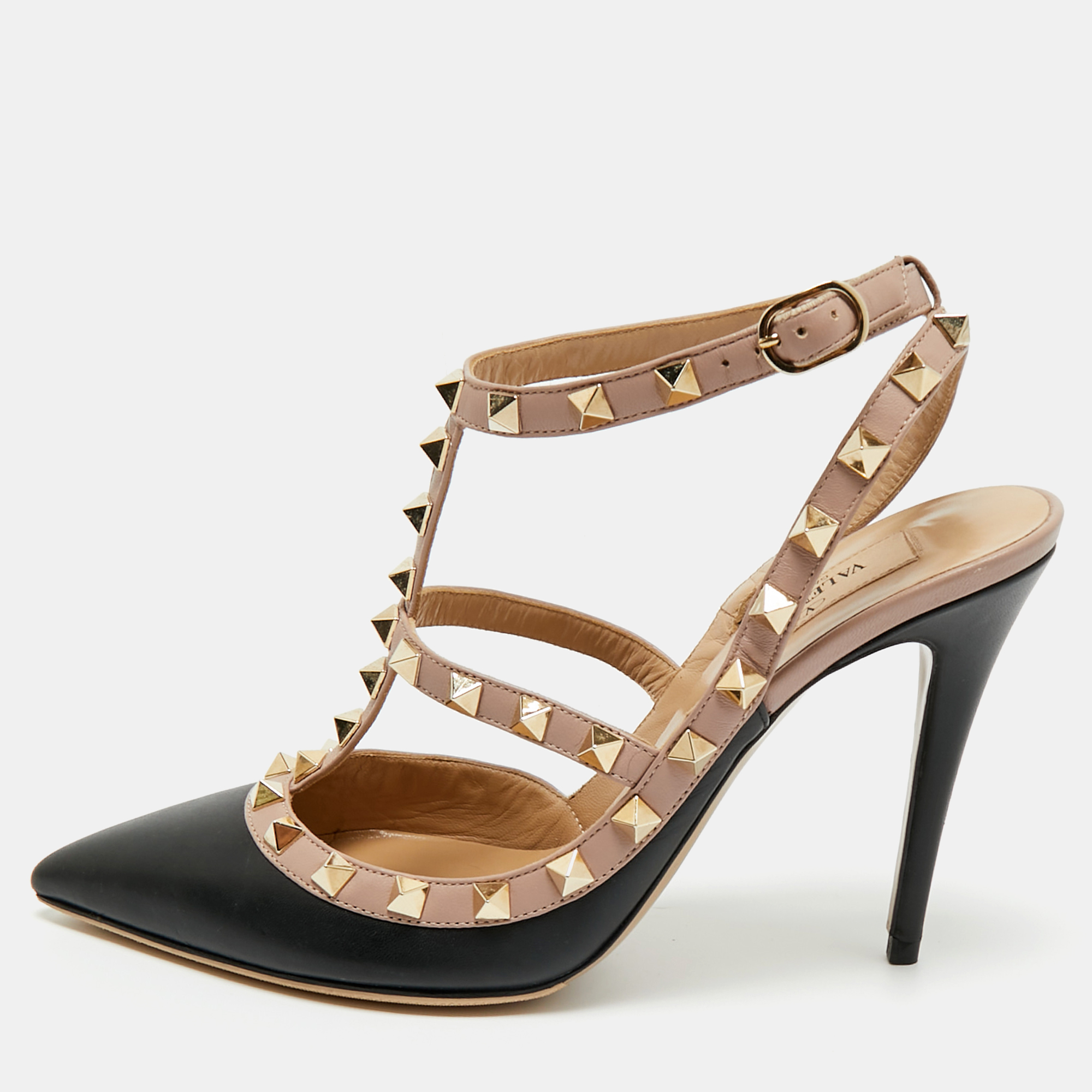 Pre-owned Valentino Garavani Blackbeige Leather Rockstud Caged Pumps Size 38