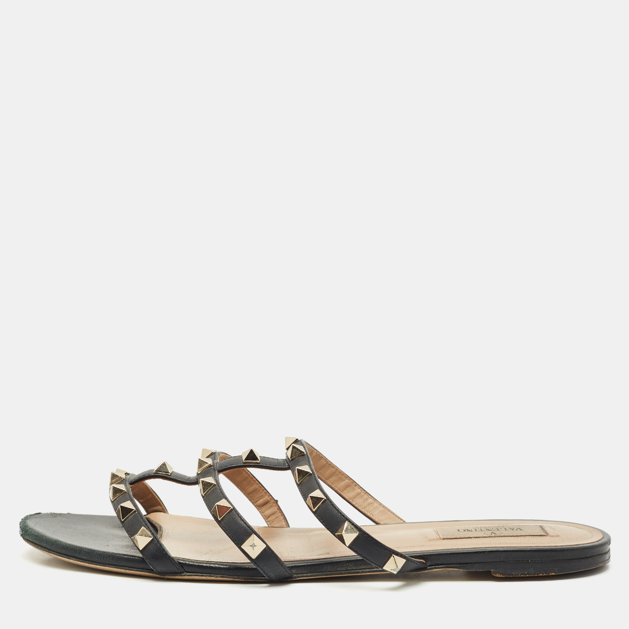 Pre-owned Valentino Garavani Black Leather Rockstud Flat Slide Size 40