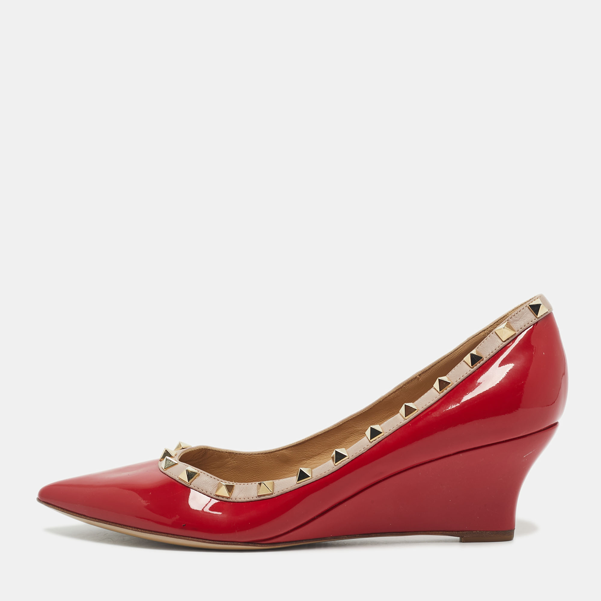 

Valentino Red/Beige Patent and Leather Wedge Rockstud Pumps Size