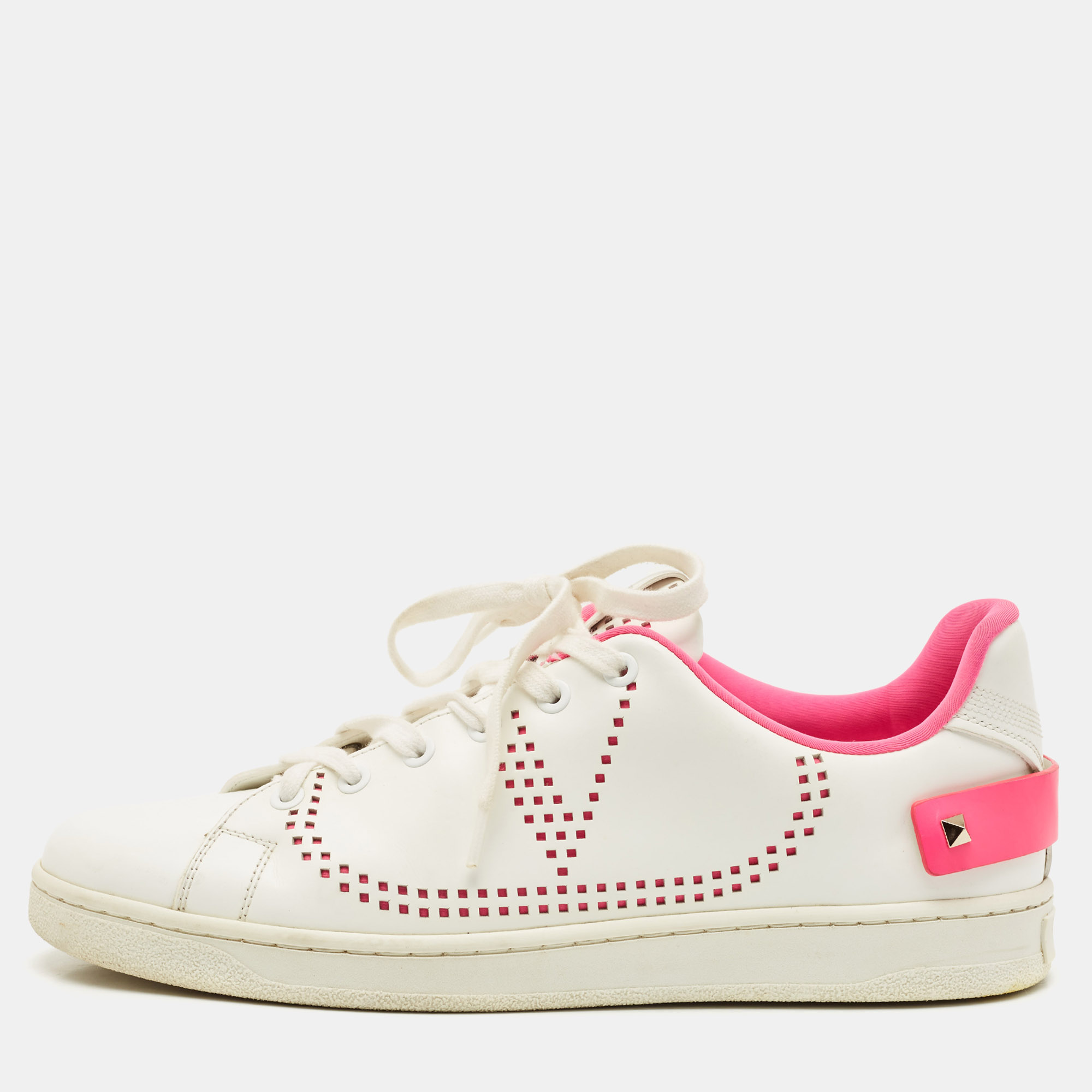 Pre-owned Valentino Garavani White/pink Leather Rockstud Sneakers Size 40.5