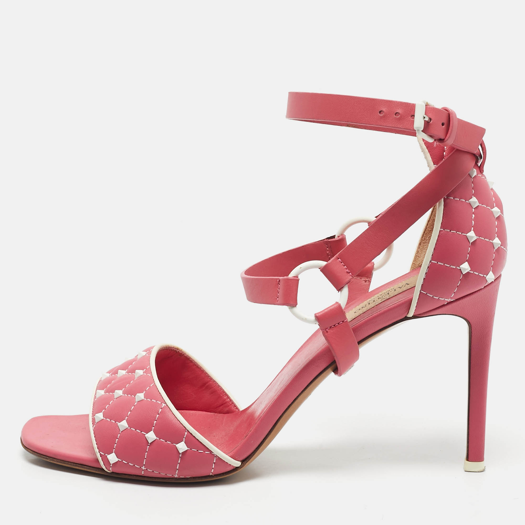 Valentino Pink/White Leather Rockstud Ankle Strap Sandals Size 39
