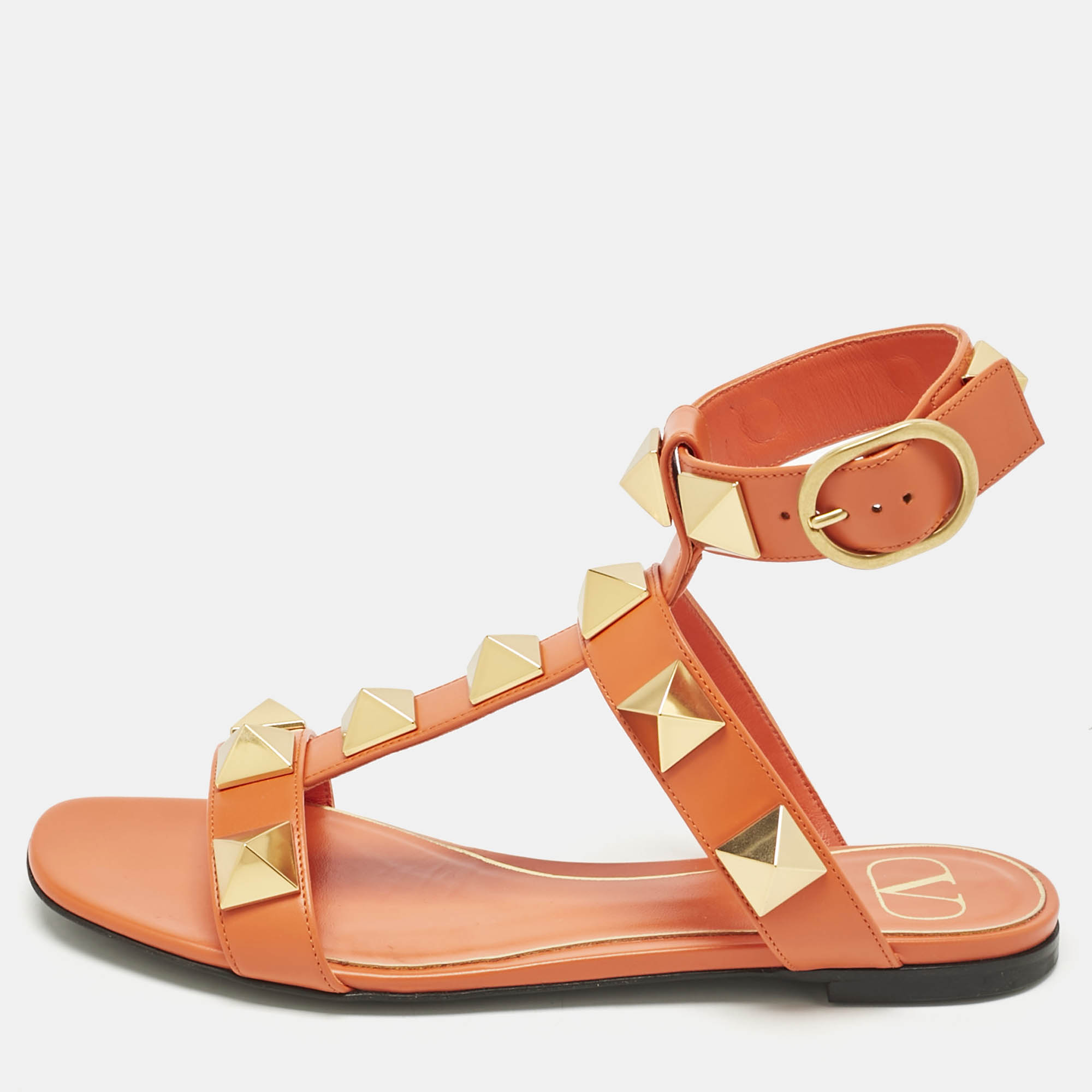

Valentino Orange Leather Roman Stud Ankle Strap Flat Sandals Size