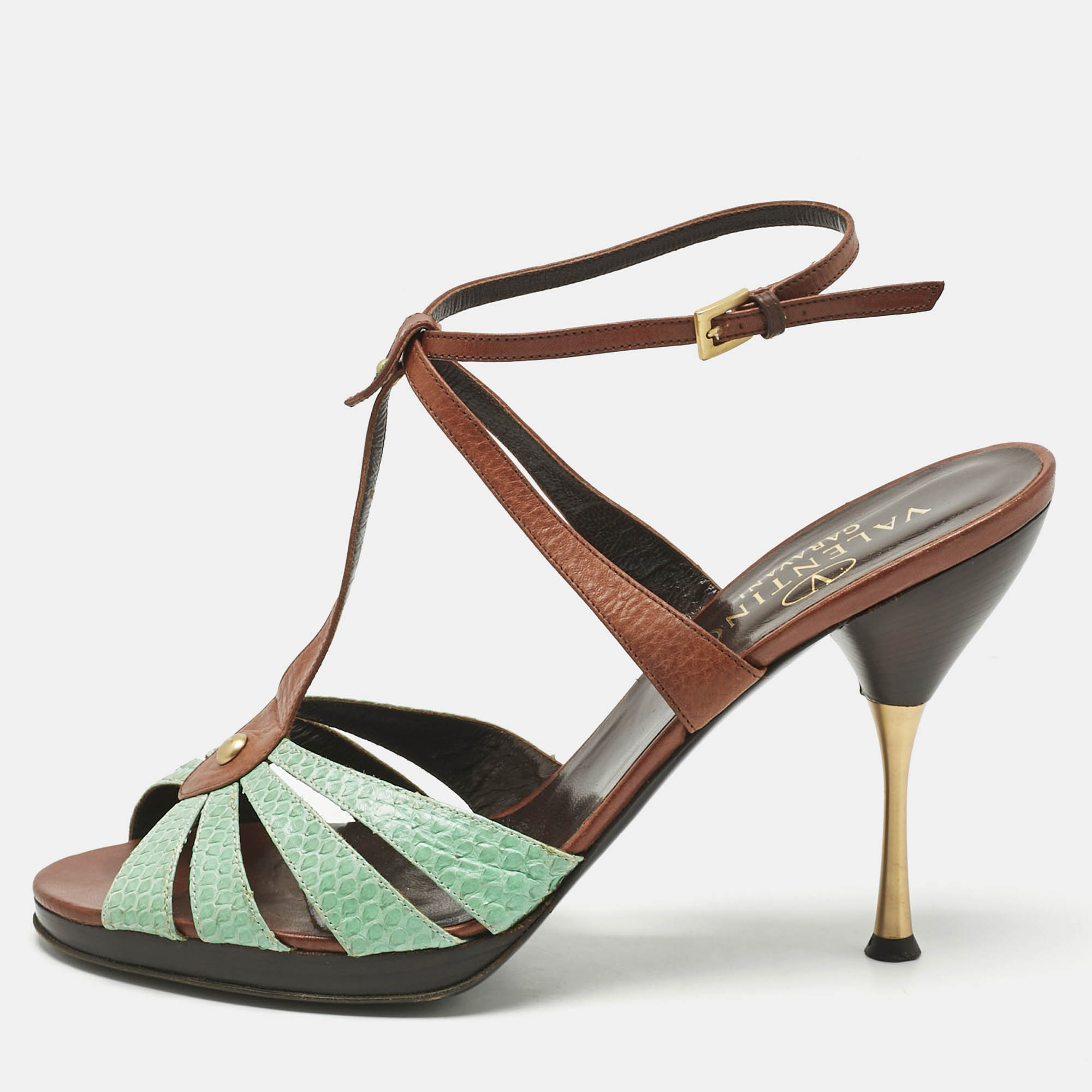 

Valentino Brown/Mint Green Leather and Python T Strap Sandals Size