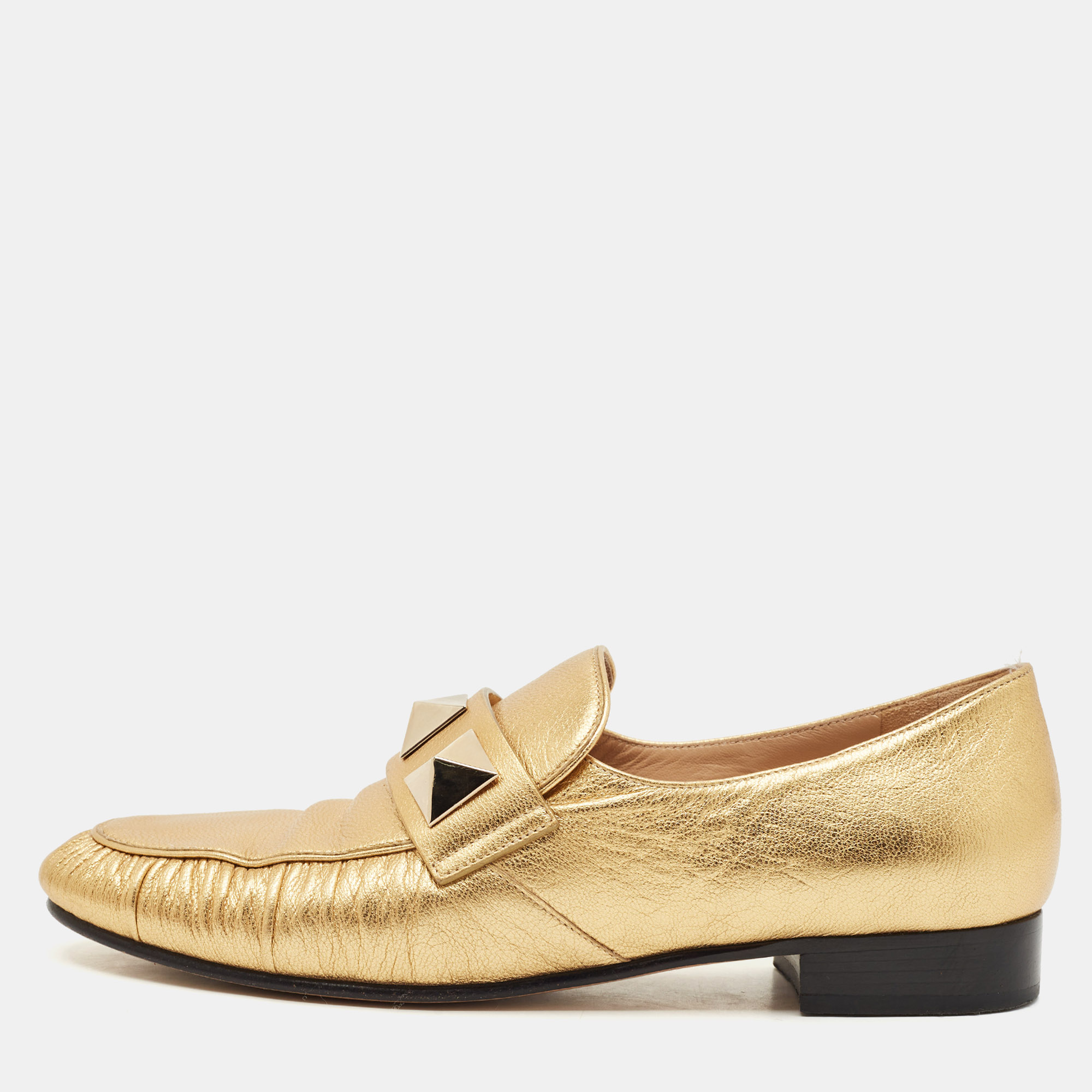 Pre-owned Valentino Garavani Metallic Gold Leather Rockstud Slip On Loafers Size 36