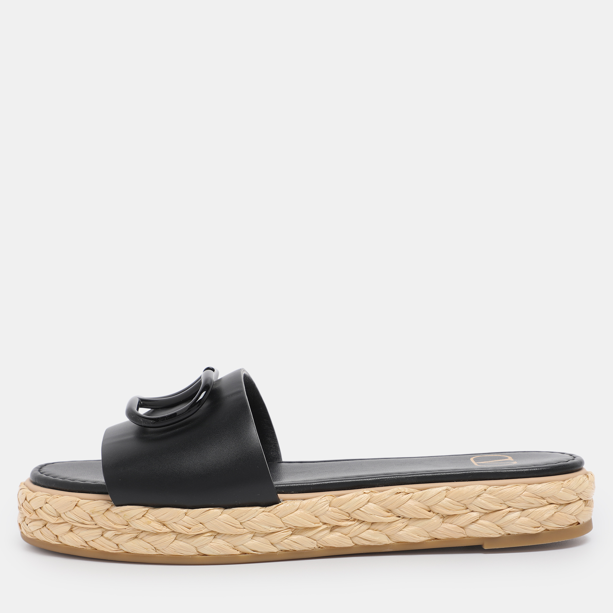 Valentino Black Leather VLogo Espadrille Flats Size 36