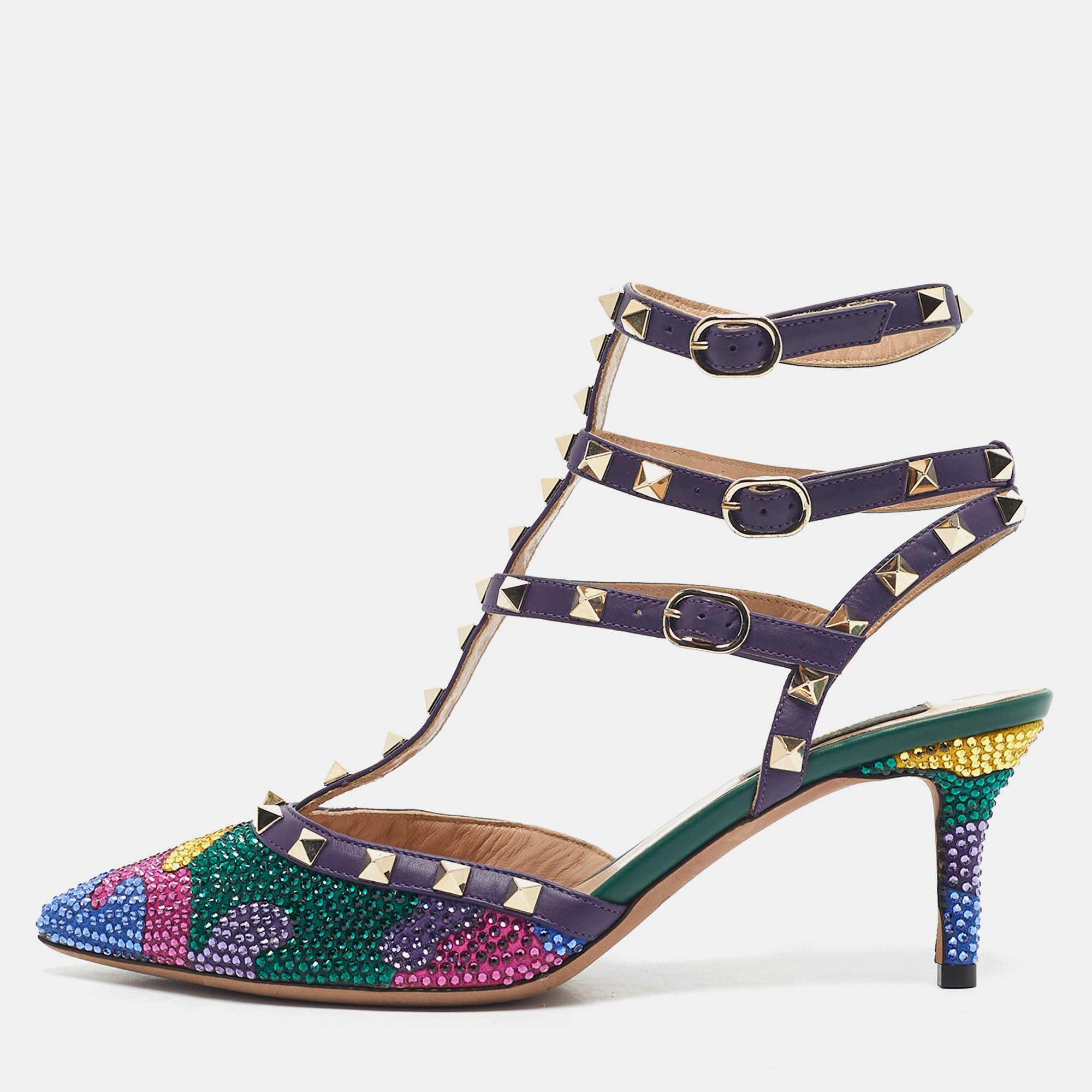 Pre-owned Valentino Garavani Multicolor Leather Crystal Embellished Rockstud Ankle Strap Pumps Size 39.5