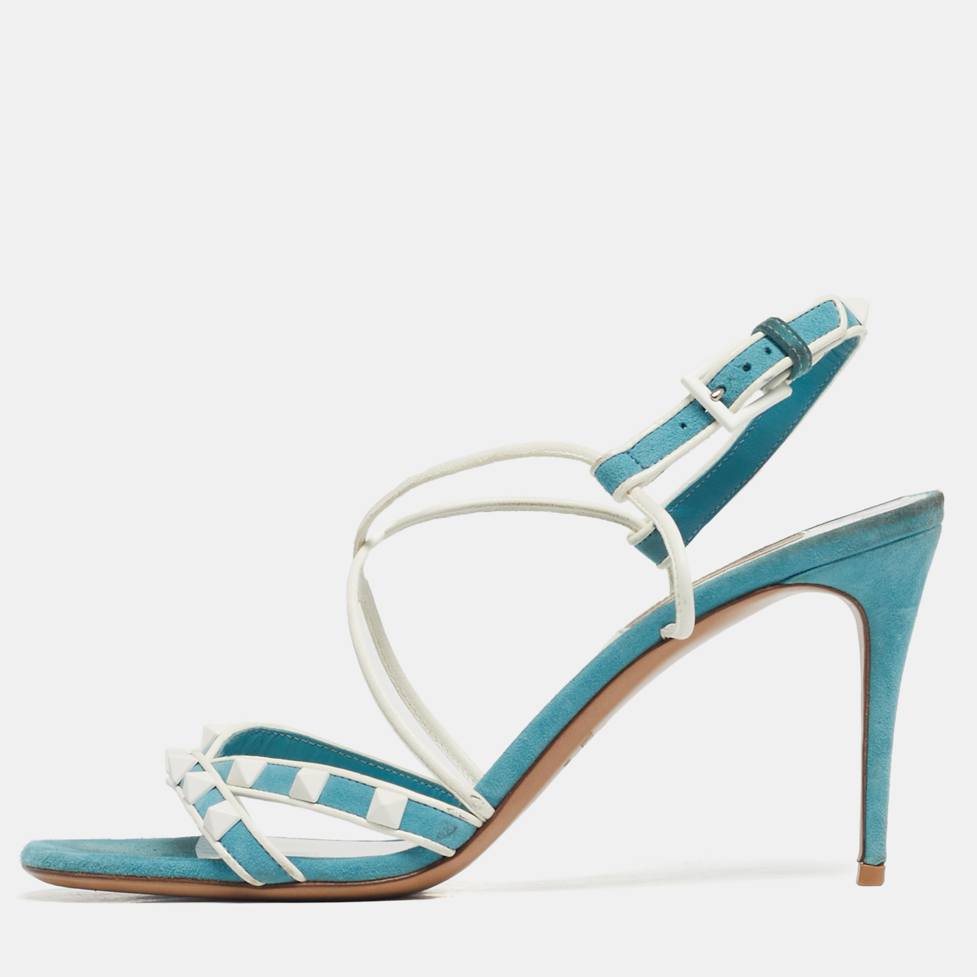 Pre-owned Valentino Garavani Blue/white Suede And Leather Rockstud Strappy Sandals Size 38