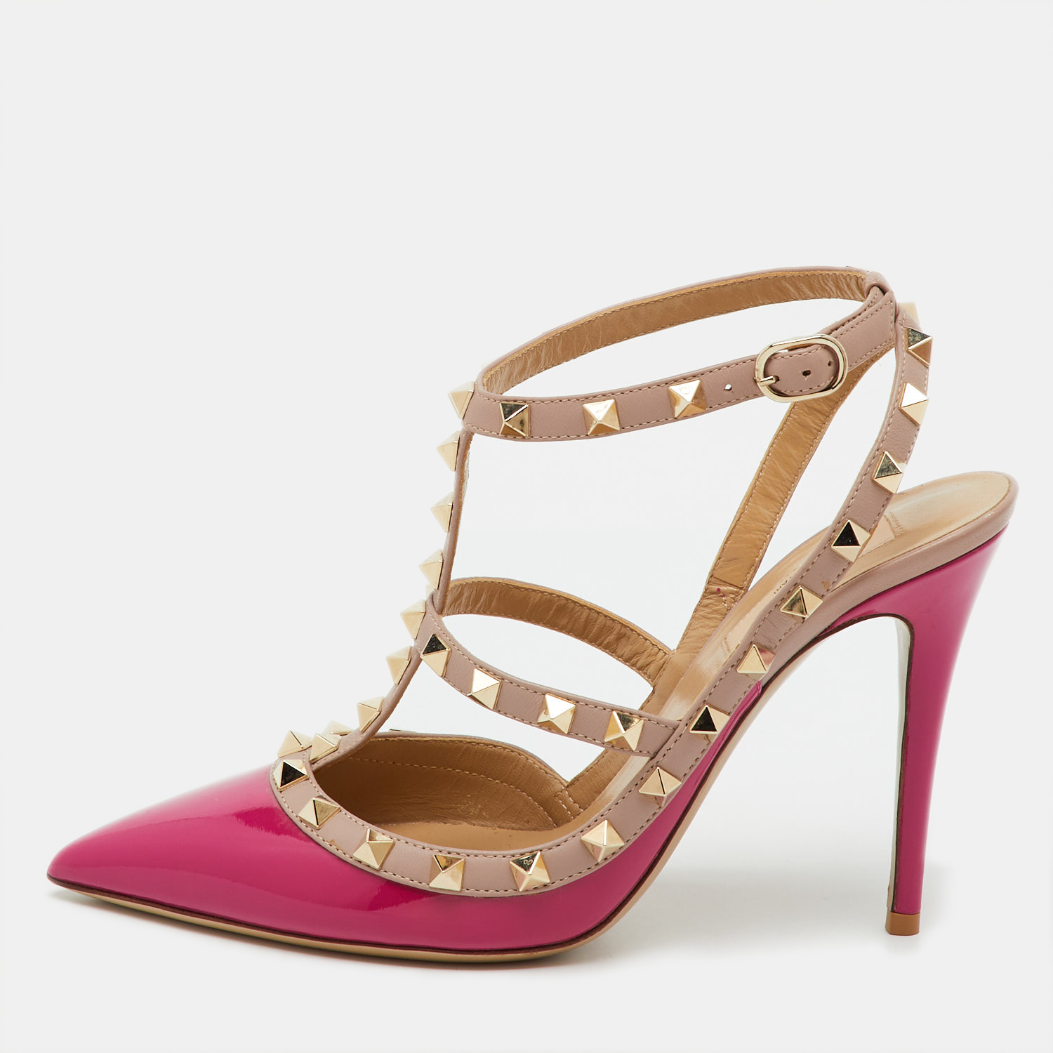 Pre-owned Valentino Garavani Pink/old Rose Patent Leather Rockstud Caged Ankle Strap Pumps Size 39