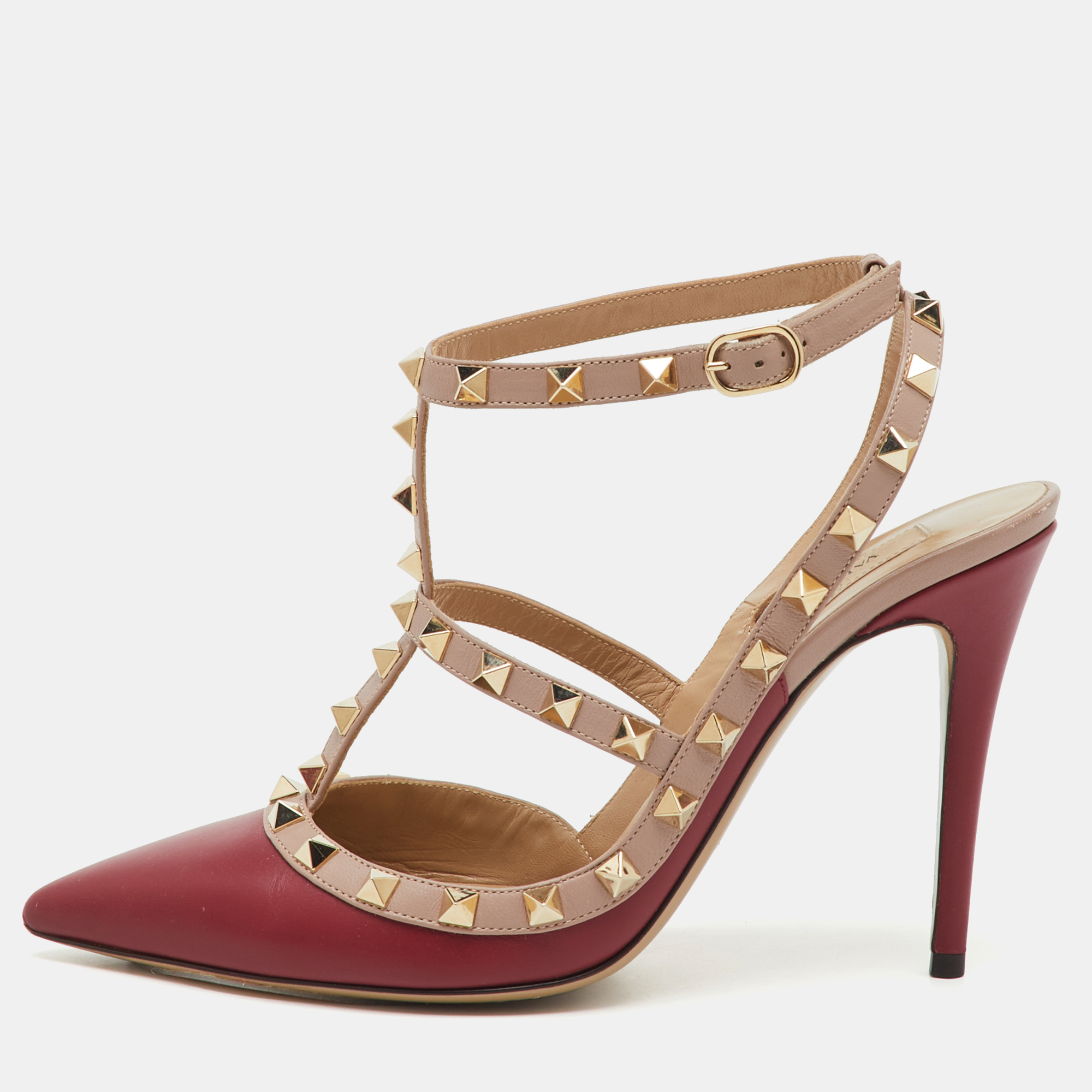 

Valentino Red/Beige Leather Rockstud Ankle Strap Pumps Size
