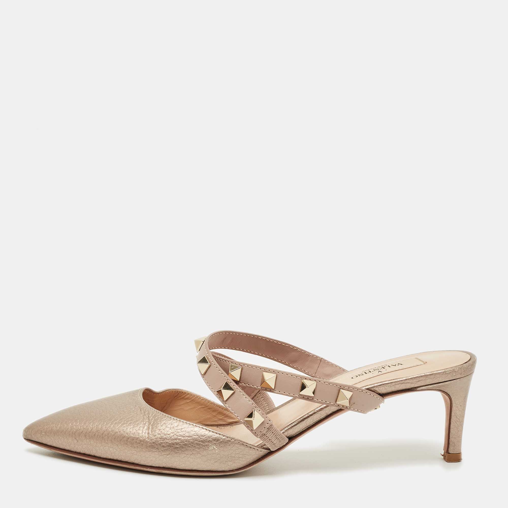 Pre-owned Valentino Garavani Metallic Bronze Leather Rockstud Pointed Toe Mules Size 36 In Silver