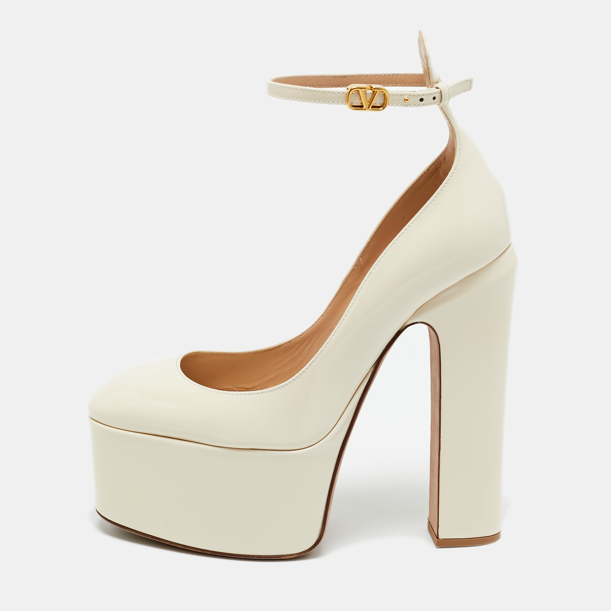 

Valentino Cream Patent Leather Tan-Go Platform Pumps Size