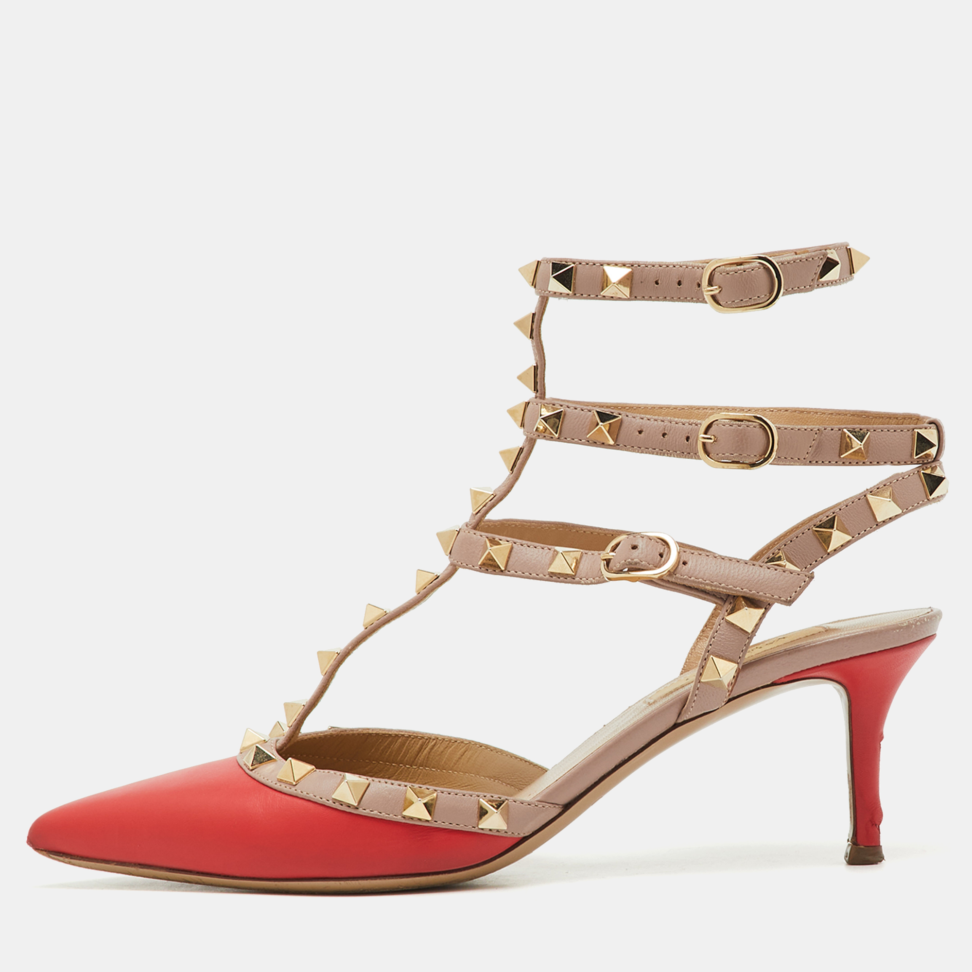

Valentino Red/Beige Leather Rockstud Ankle Strap Pumps Size