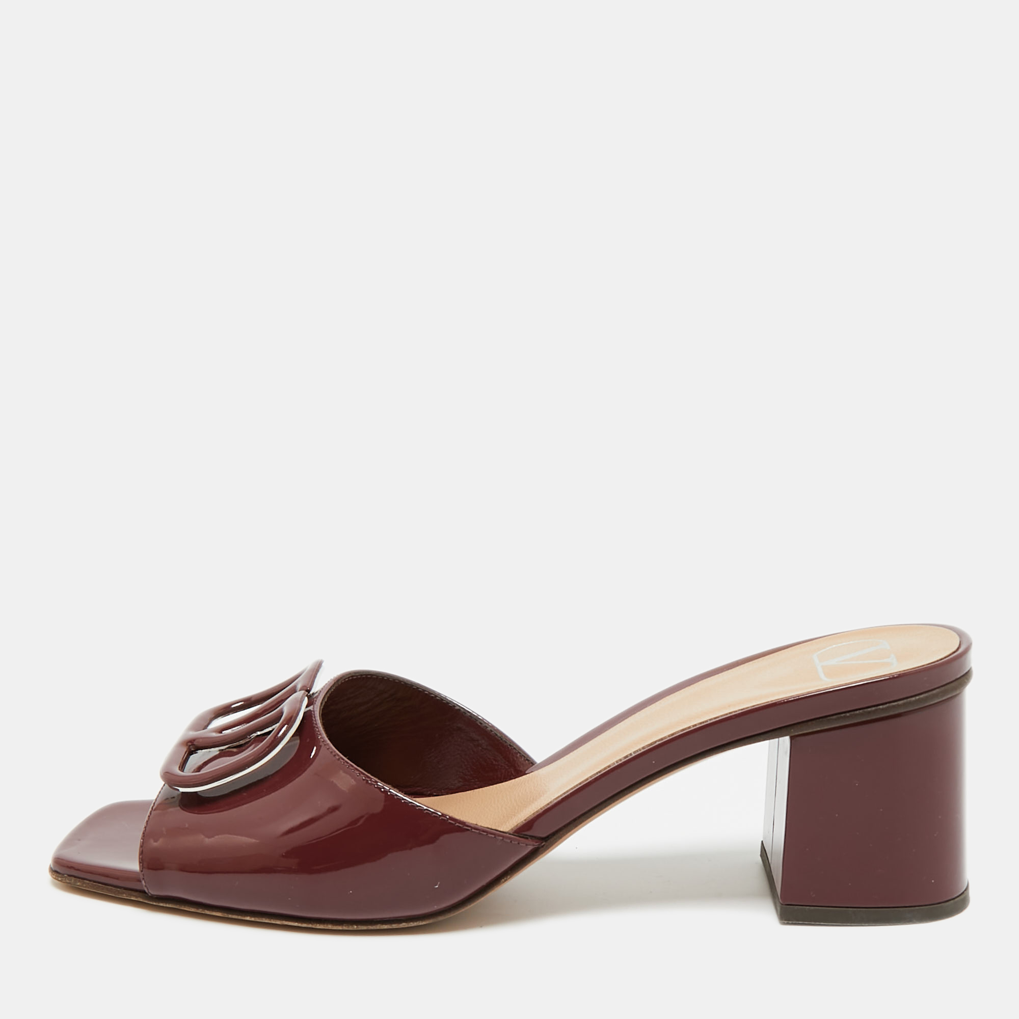 Valentino Burgundy Patent Leather VLogo Block Heel Slide Sandals Size 38.5