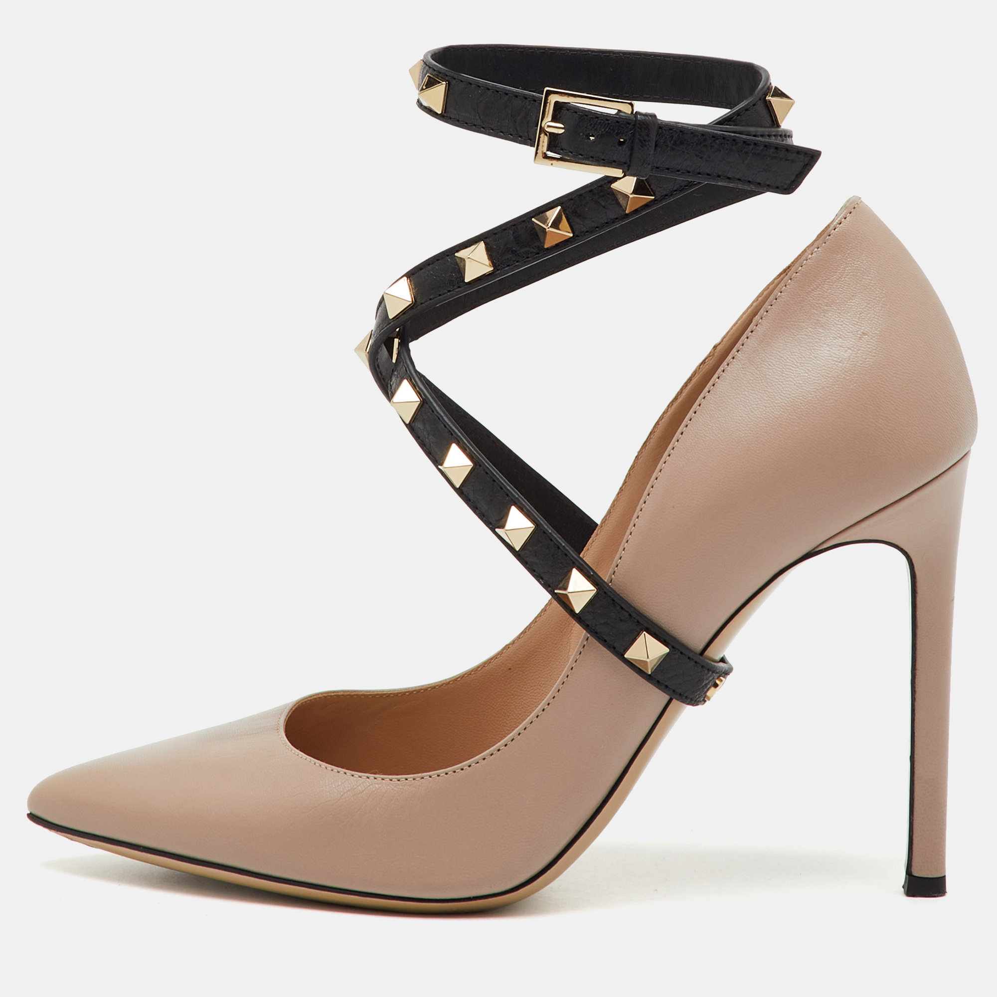 

Valentino Beige/Black Leather Rockstud Ankle Wrap Pointed Toe Pumps Size