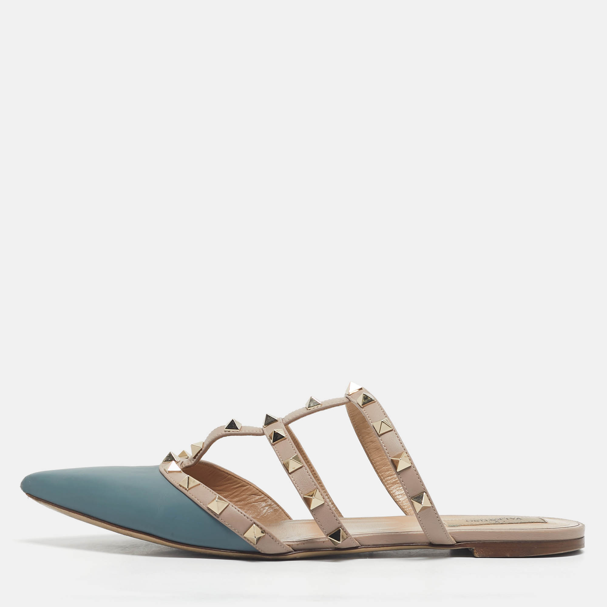 

Valentino Grey/Beige Leather Rockstud Mules Size