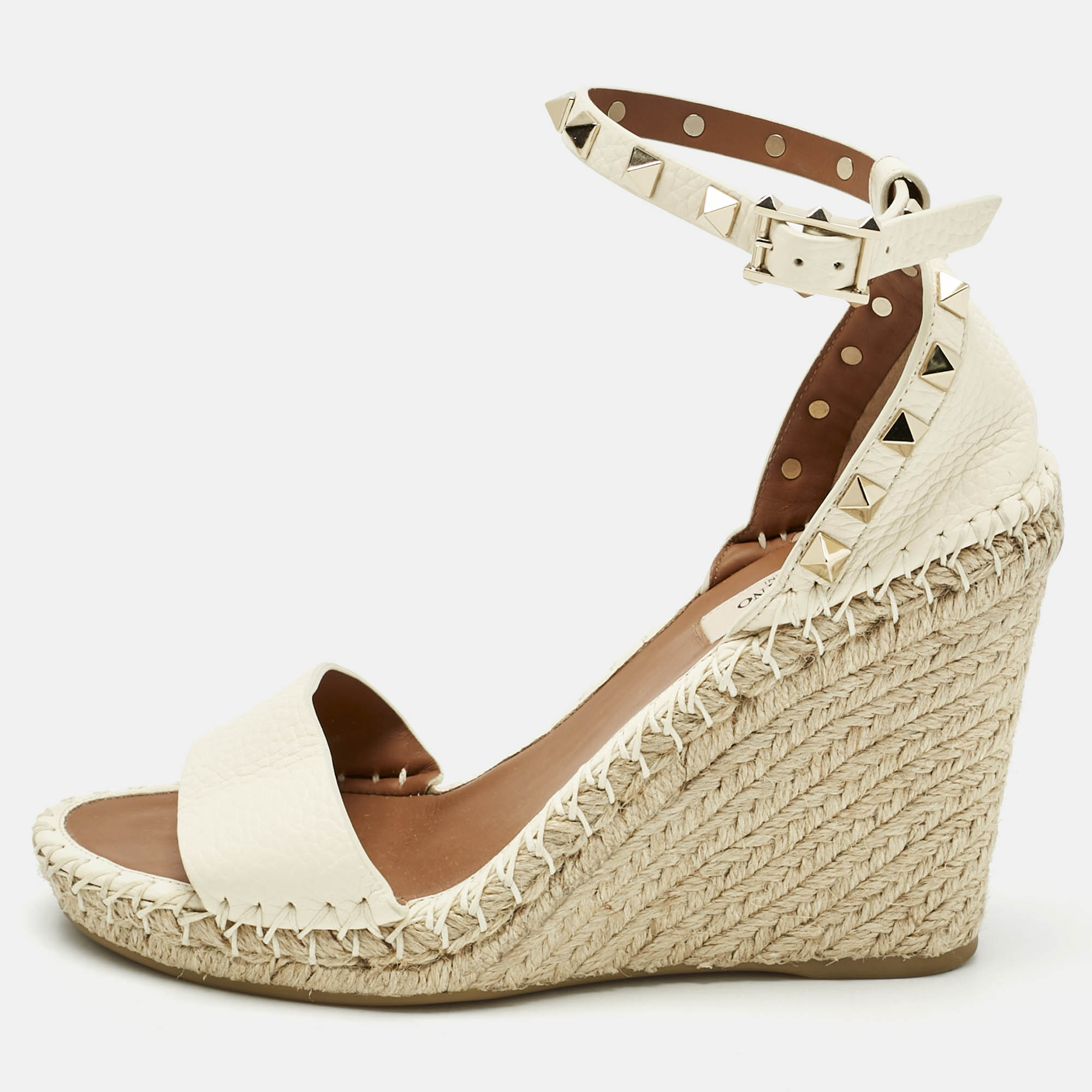 Valentino Cream Leather Rockstud Wedge Sandals Size 36