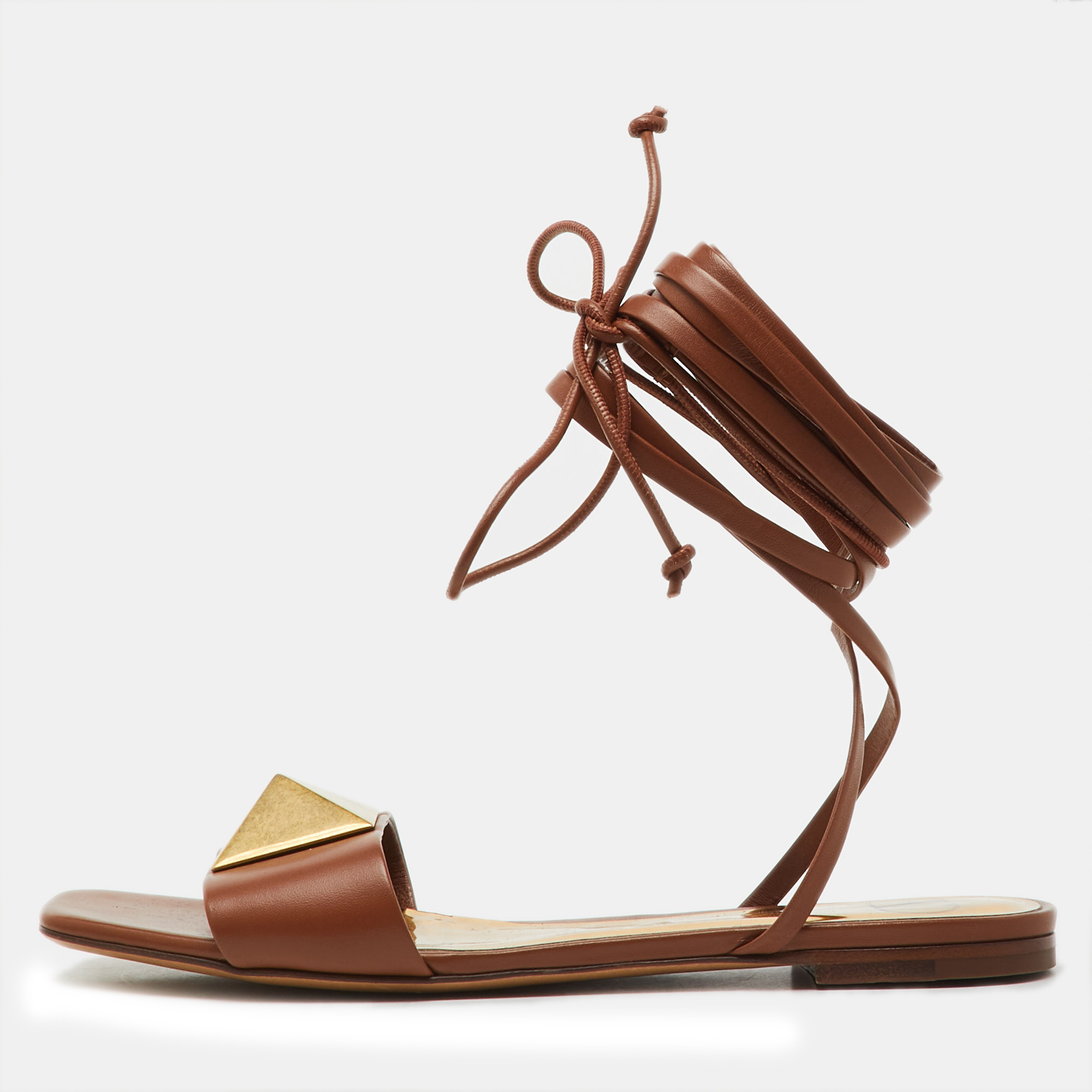 

Valentino Brown Leather One Stud Wrap Around Flat Sandals Size
