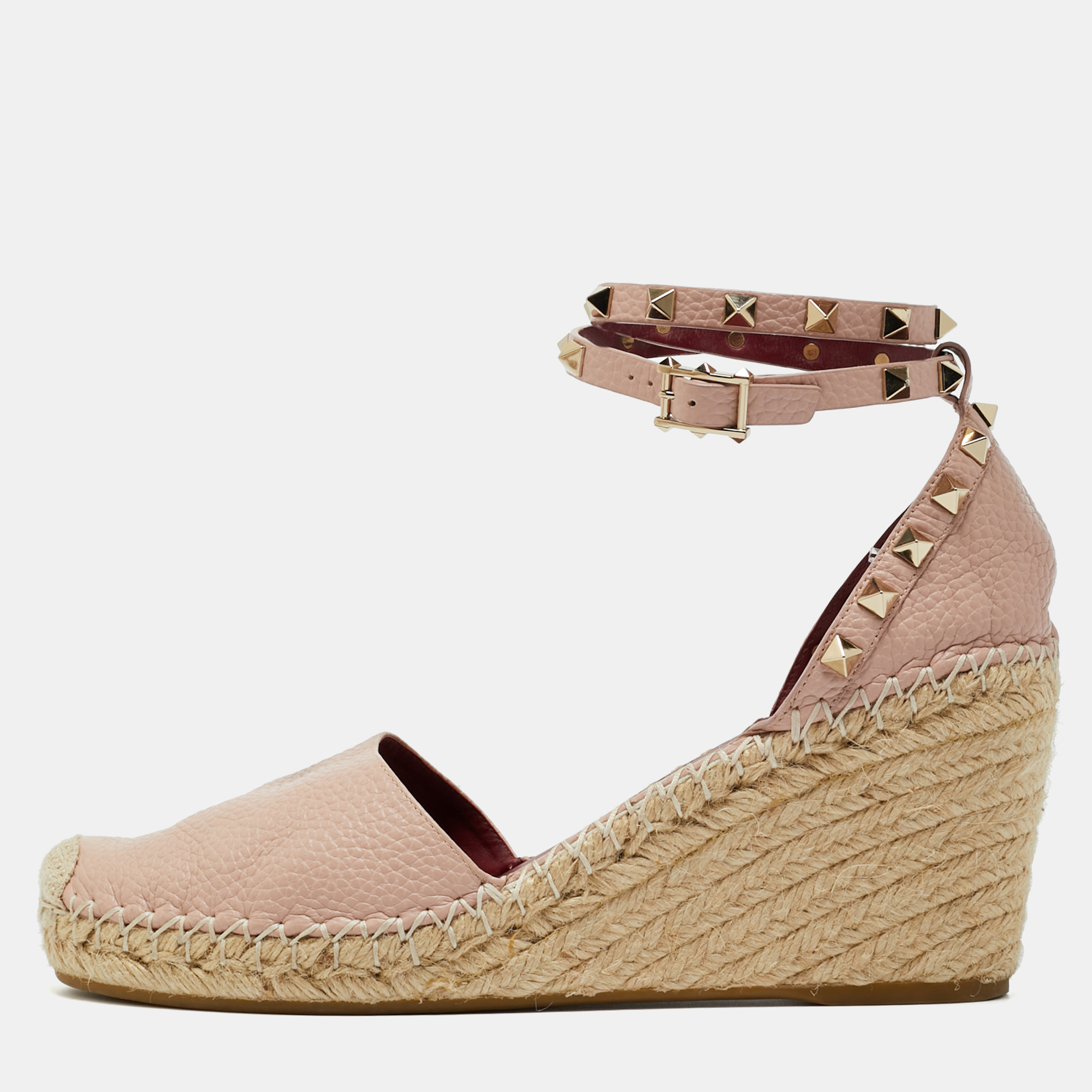 Pre-owned Valentino Garavani Blush Pink Leather Rockstud Ankle Strap Wedge Espadrille Sandals Size 41