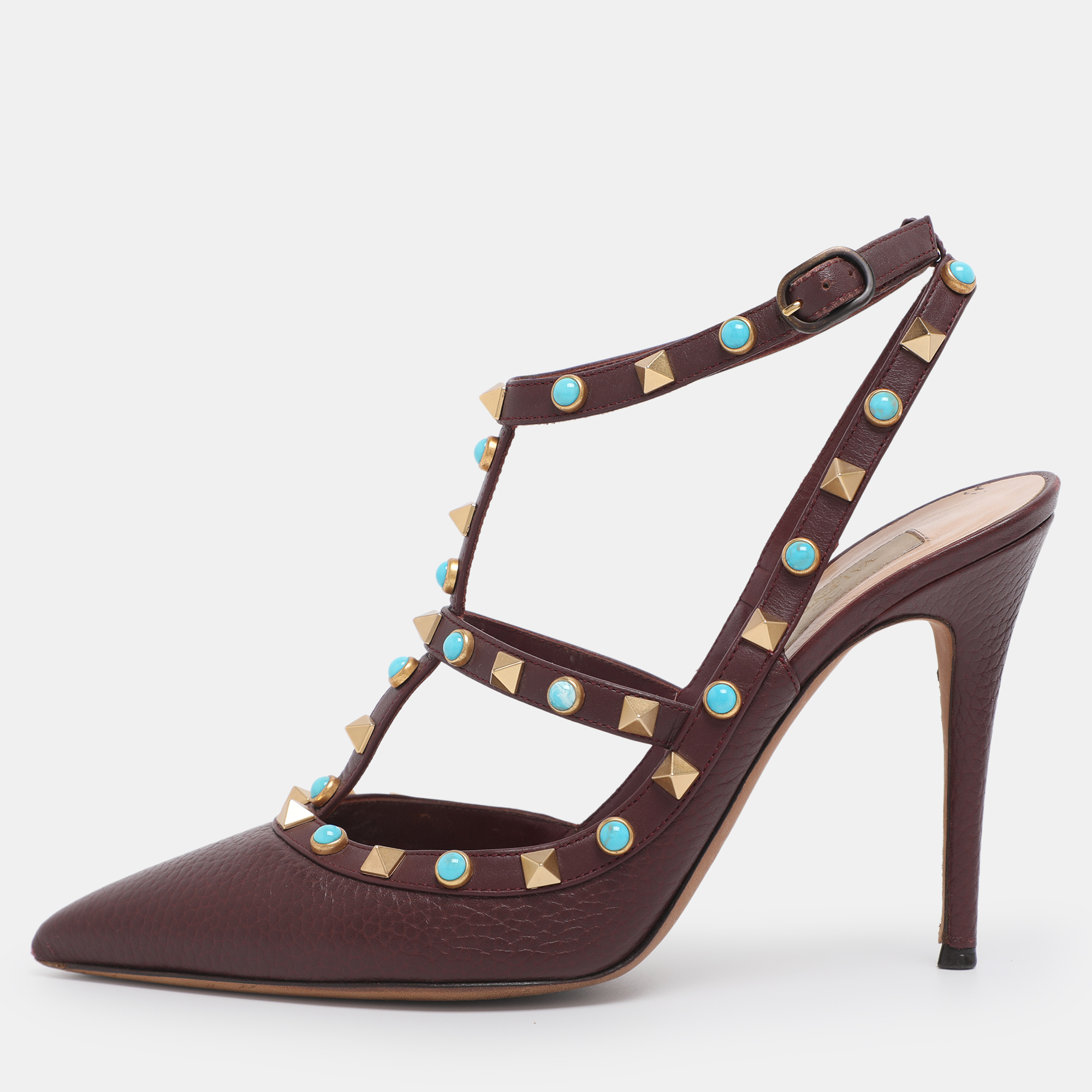 

Valentino Burgundy Leather Rolling Rockstud Ankle Strap Sandals Size
