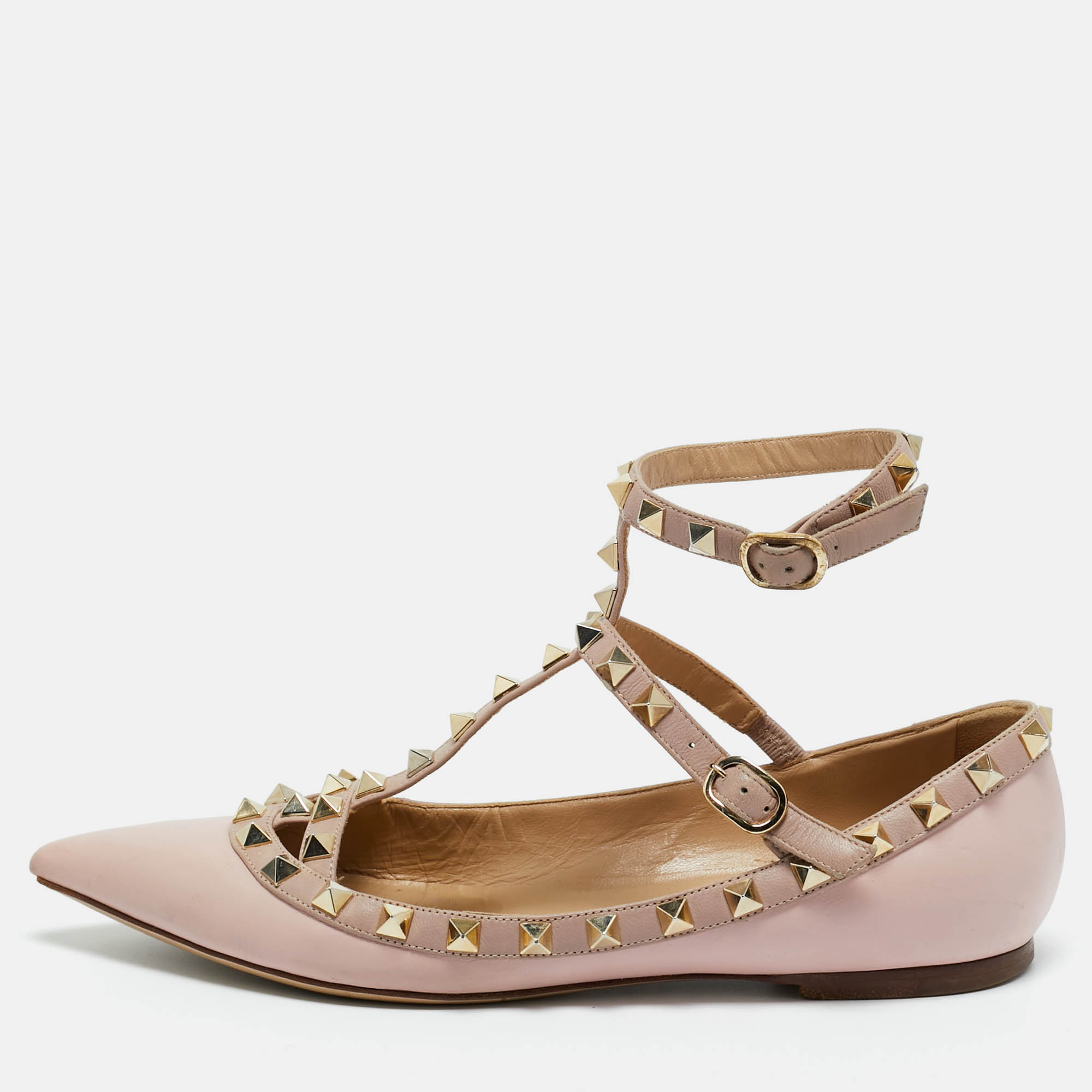 Pre-owned Valentino Garavani Pink Leather Rockstud Ballet Flats Size 37